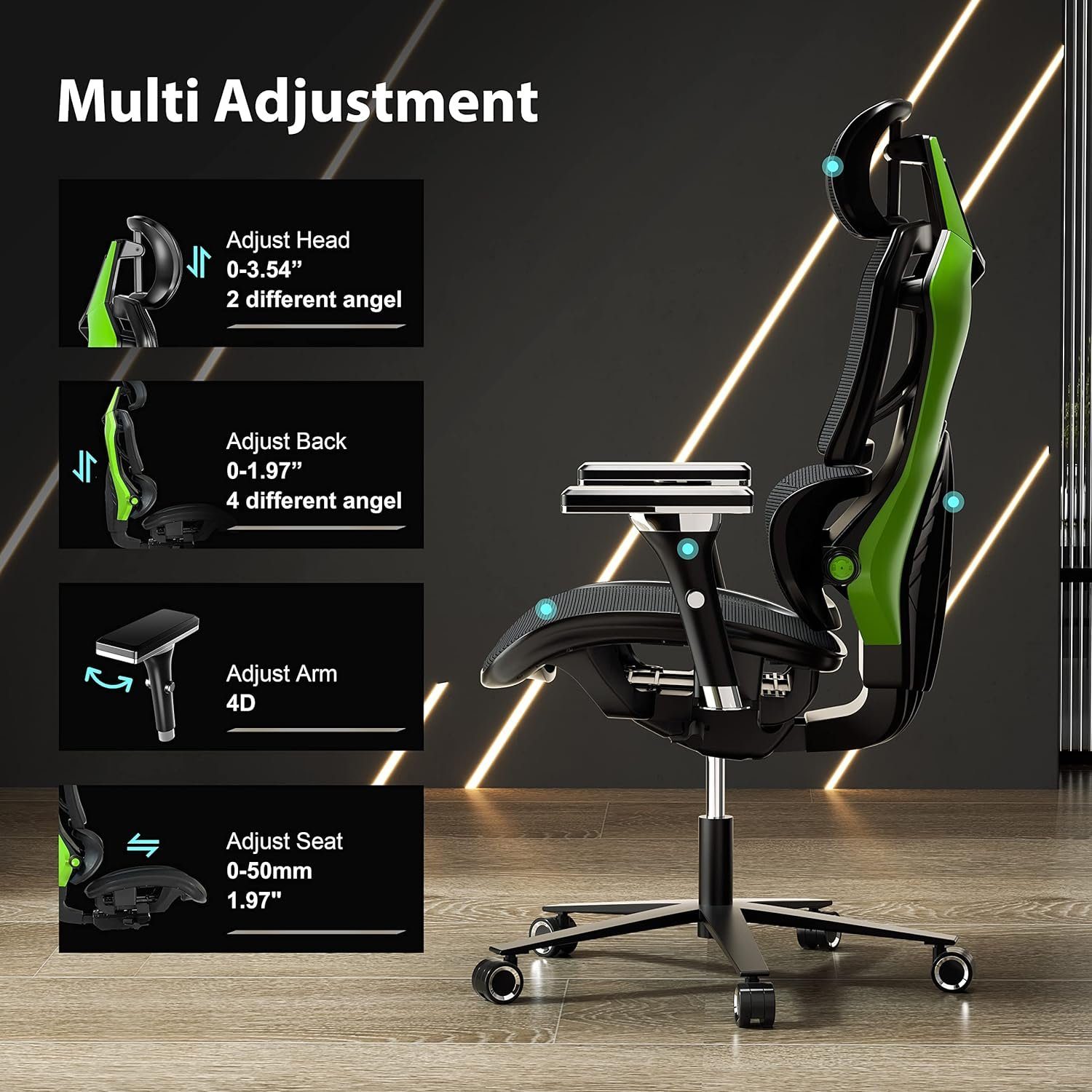 EE EUREKA ERGONOMIC Gaming-Stuhl (Lendenwirbelstütze Komfortabler Computer  Stuhl), Mesh Stuhl mit 4D Armlehnen mit Lendenwirbelstütze Atmungsaktiv  125KG