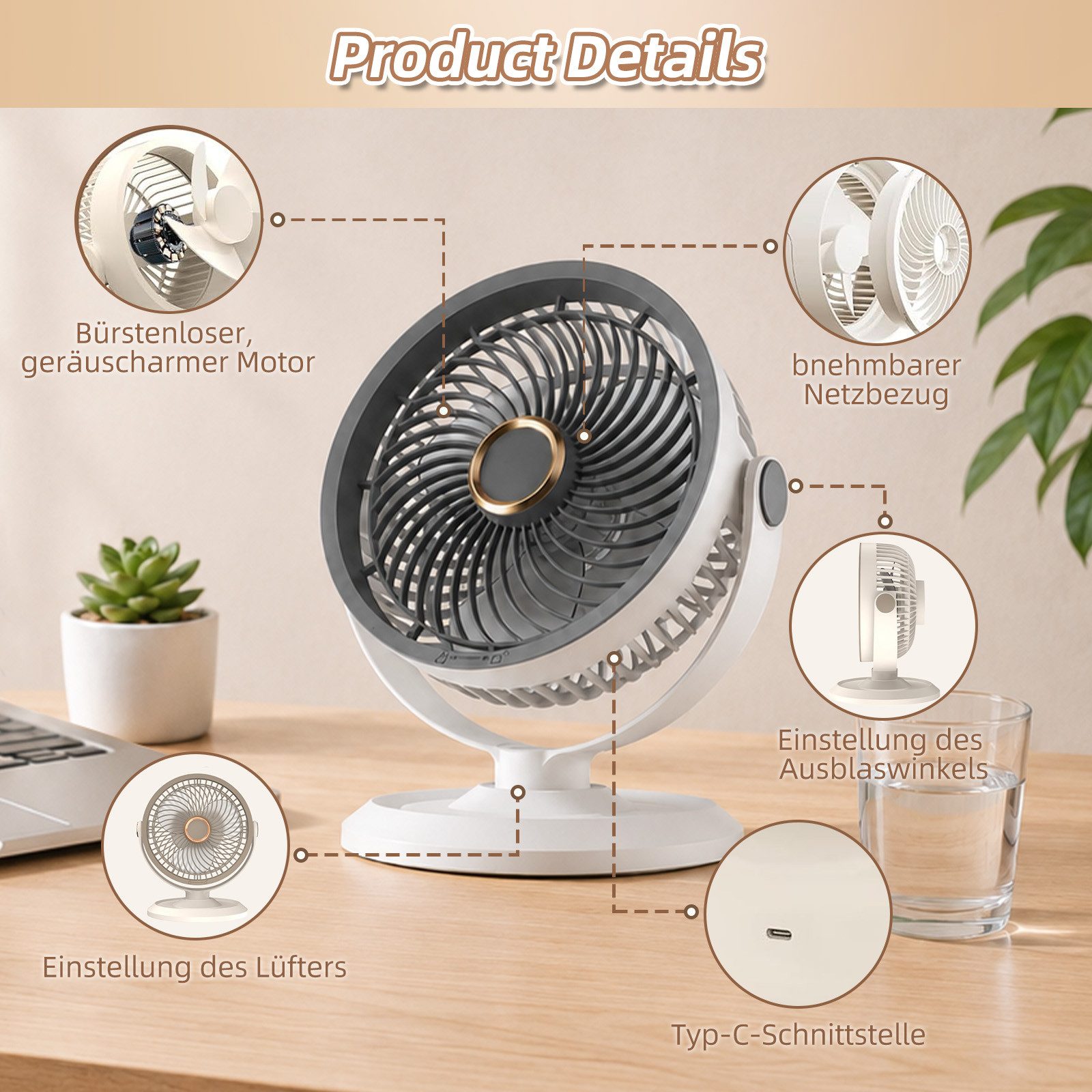 MOPUEA Standventilator 360° Drehbarer Luftzirkulationsventilator USB Tischventilator, Ventilator für Camping, Reisen, Zuhause