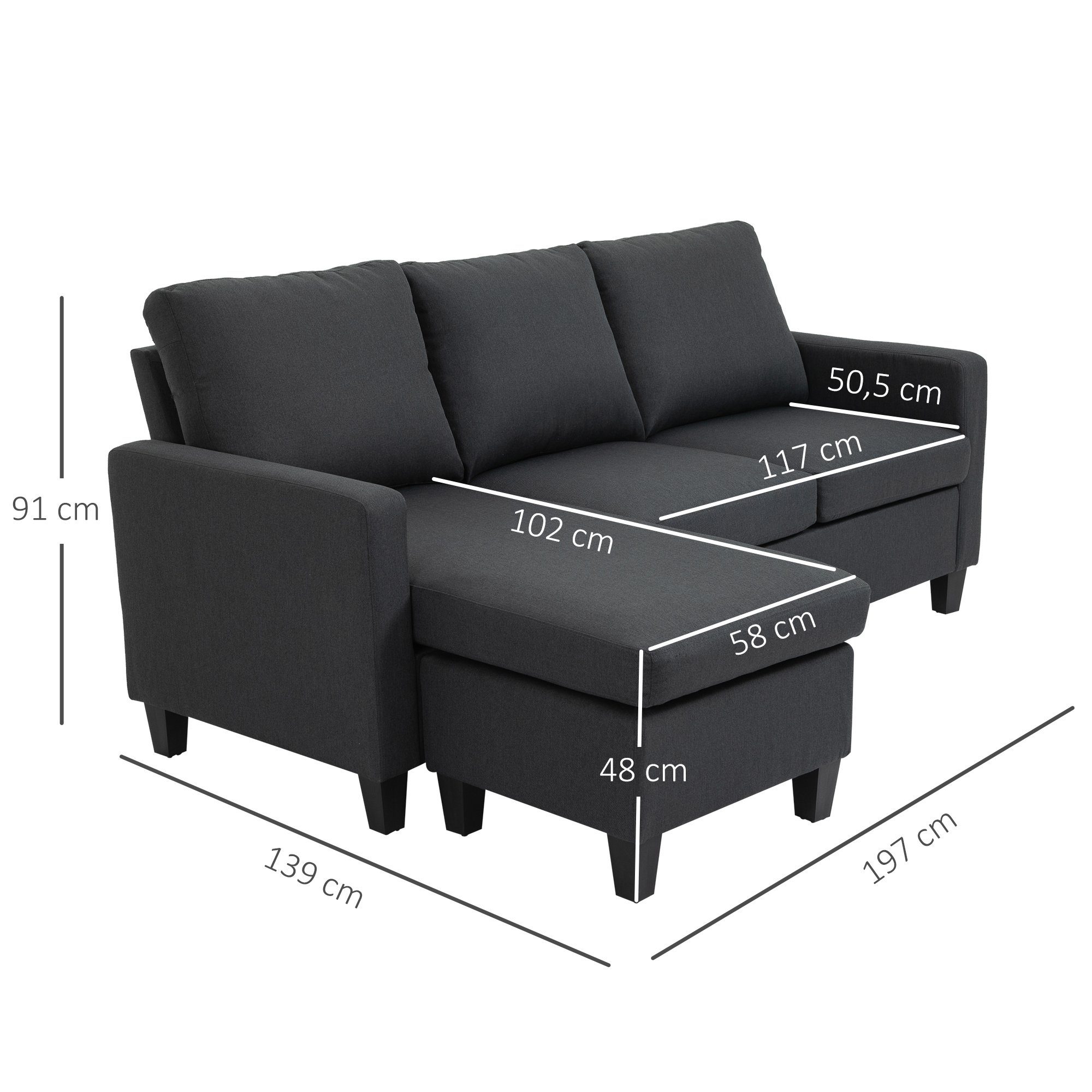 Leinen Dunkelgrau 91 Ecksofa, Teile, 3-Sitzer 139 cm 1 HOMCOM Set 197 3-Sitzer, Eckesofa, x x