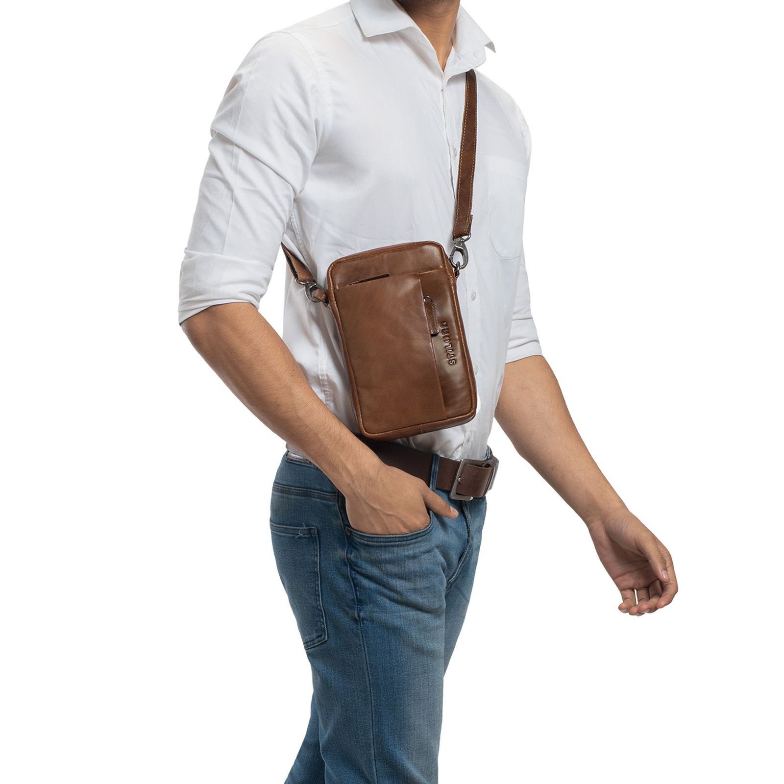 Bag Messenger Leder 2-in-1 Umhängetasche STILORD braun Herren - "Fiete" Handgelenktasche sepia