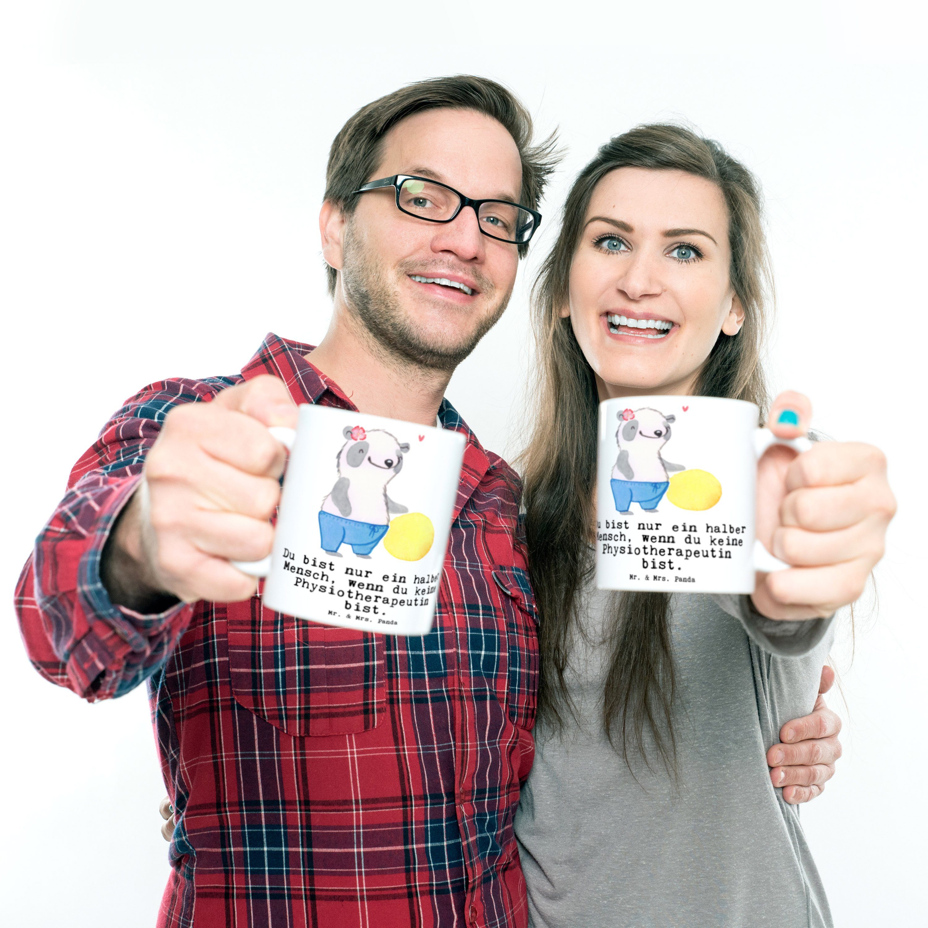 Tasse Mrs. Mr. mit - Panda Keramik Mi, Weiß Physiotherapeutin Herz & Rente, Geschenk, - Kaffeebecher,