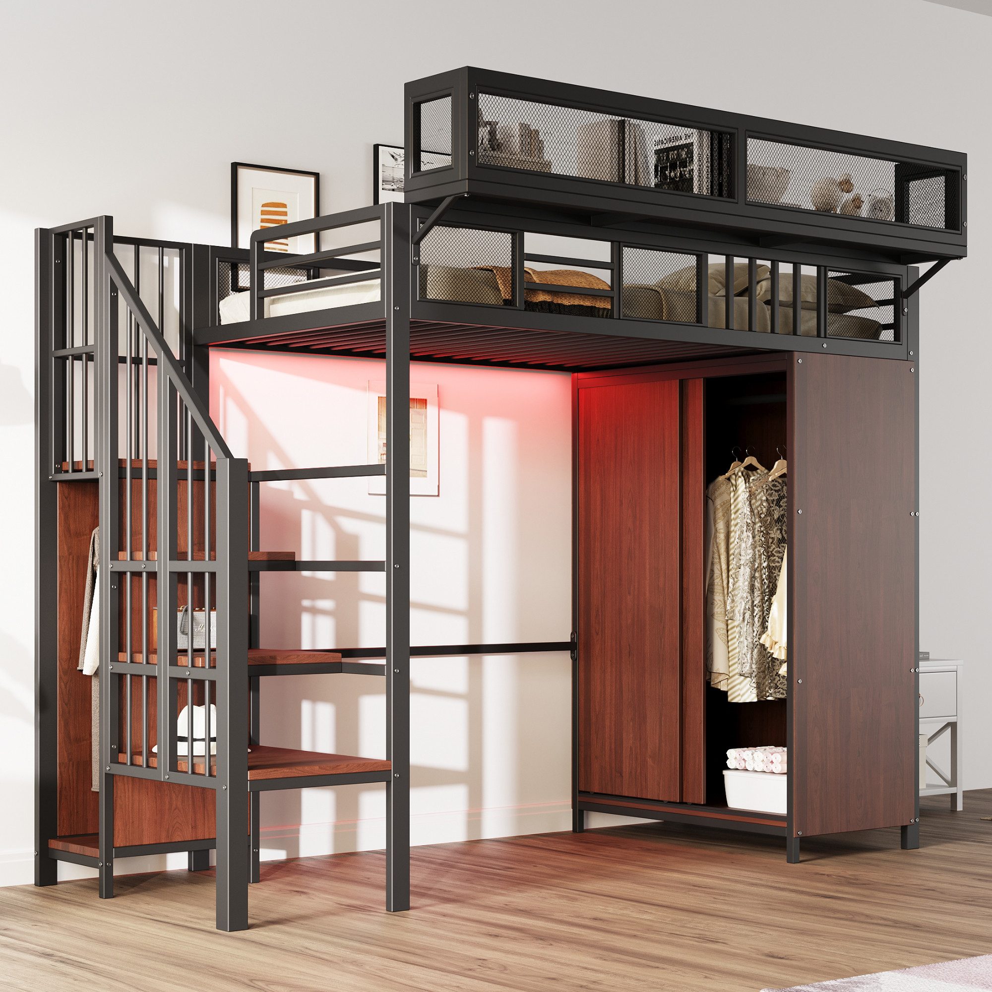 Merax Hochbett 90×200cm mit LED-Beleuchtung (Loftbett, 1-St., Jugendbett Einzelbett Mehrzweckbett) Metallbett Kinderbett mit Kleiderschrank, Stauraumtreppe & Ablagefach