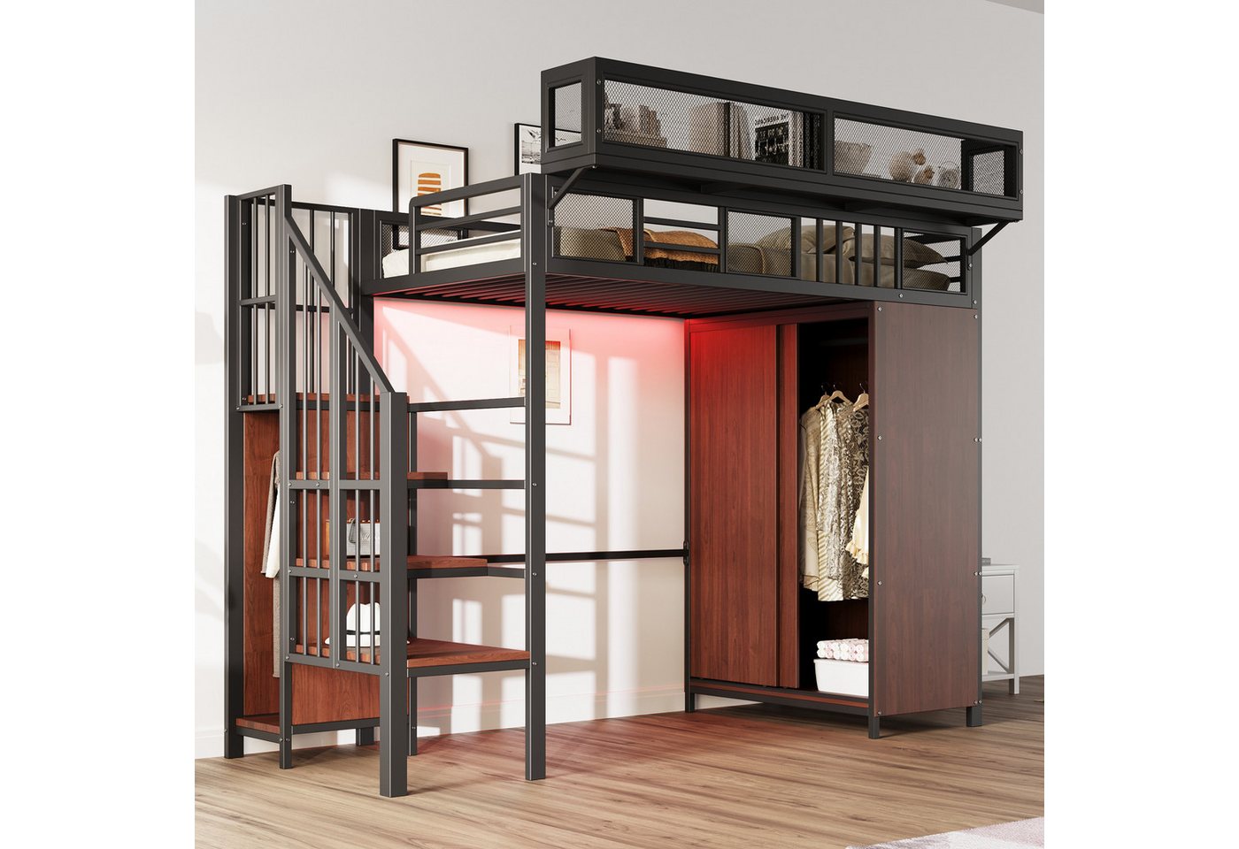 Merax Hochbett 90×200cm mit LED-Beleuchtung (Loftbett, 1-St., Jugendbett Einzelbett Mehrzweckbett) Metallbett Kinderbett mit Kleiderschrank, Stauraumtreppe & Ablagefach
