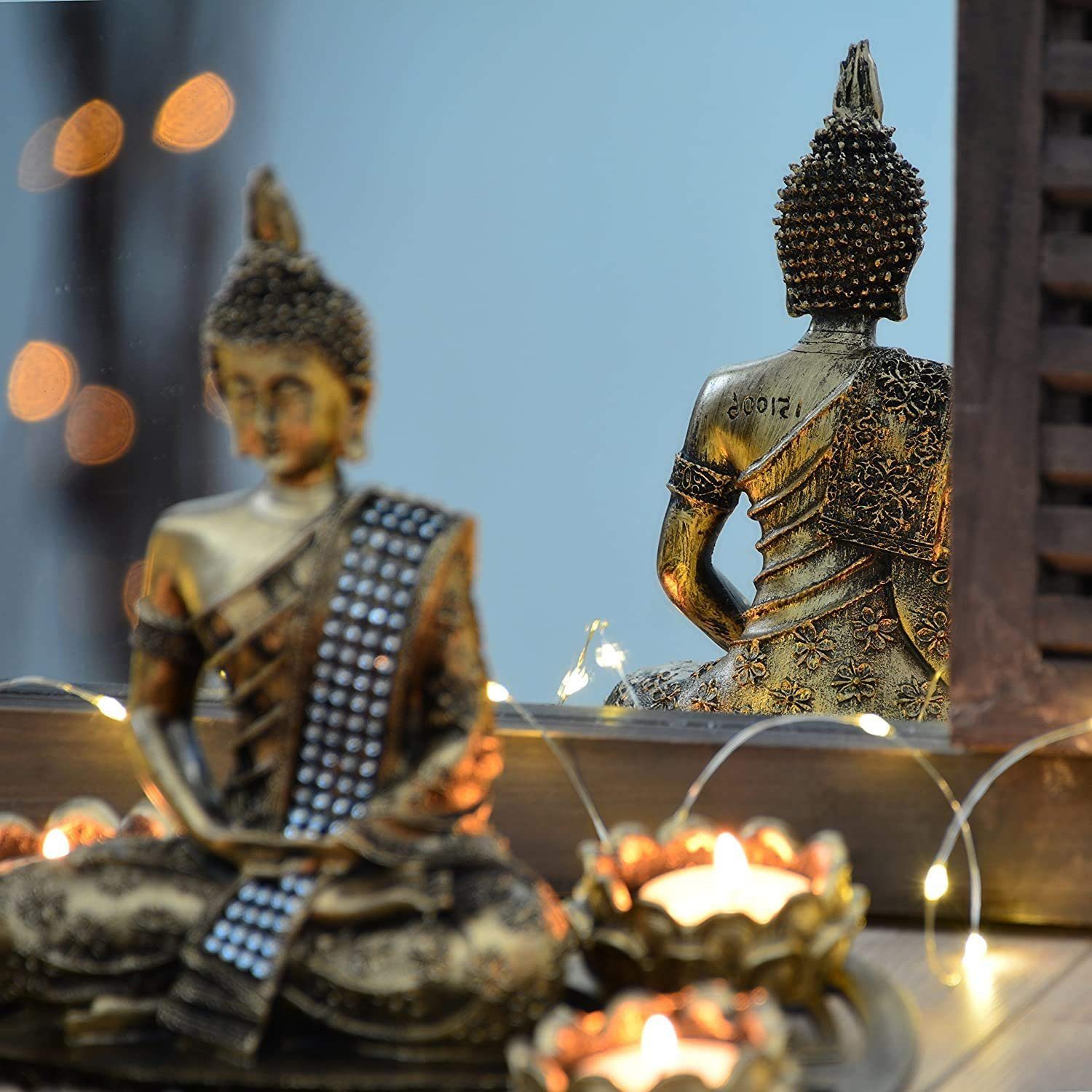 INtrenDU Buddhafigur Buddha Figur mit Teelichthaltern Dekoteller und Dekosteinen