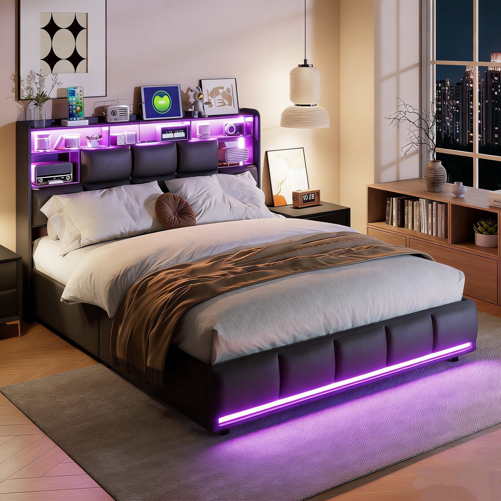 PXloue Polsterbett Modernes Bett mit LED-Beleuchtung und Regal (Hydraulisch hebbarer Stauraum), Stilvolles Design mit Stauraum und Lattenrost.