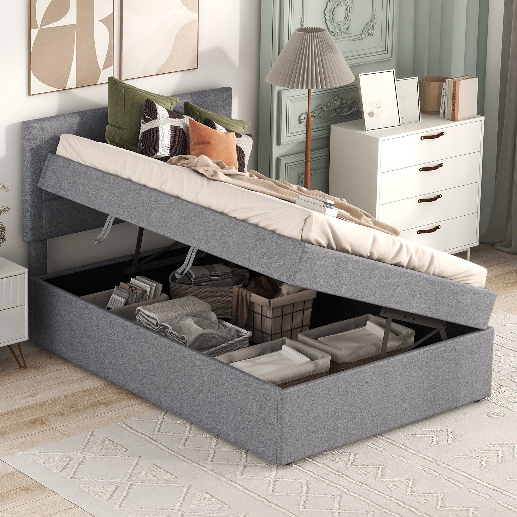 Flieks Polsterbett, Boxbett Einzelbett mit Stauraum Leinen 90x200cm günstig online kaufen
