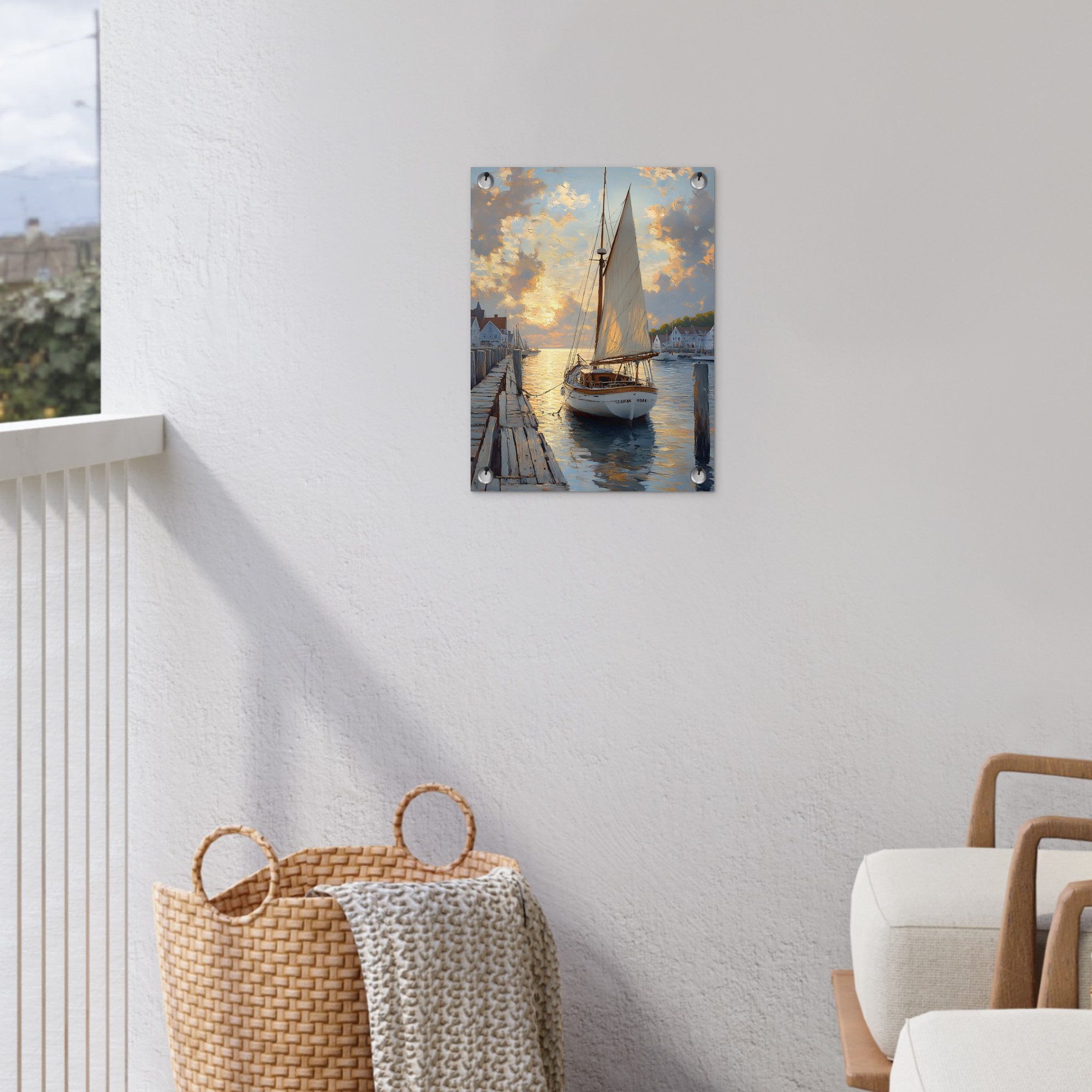OnlyWow Poster für Garten Segelboot - Sonne - Pier - Holz, Gartenposter, Outdoor Bilder, Gartendeko für draußen, 30x40 cm