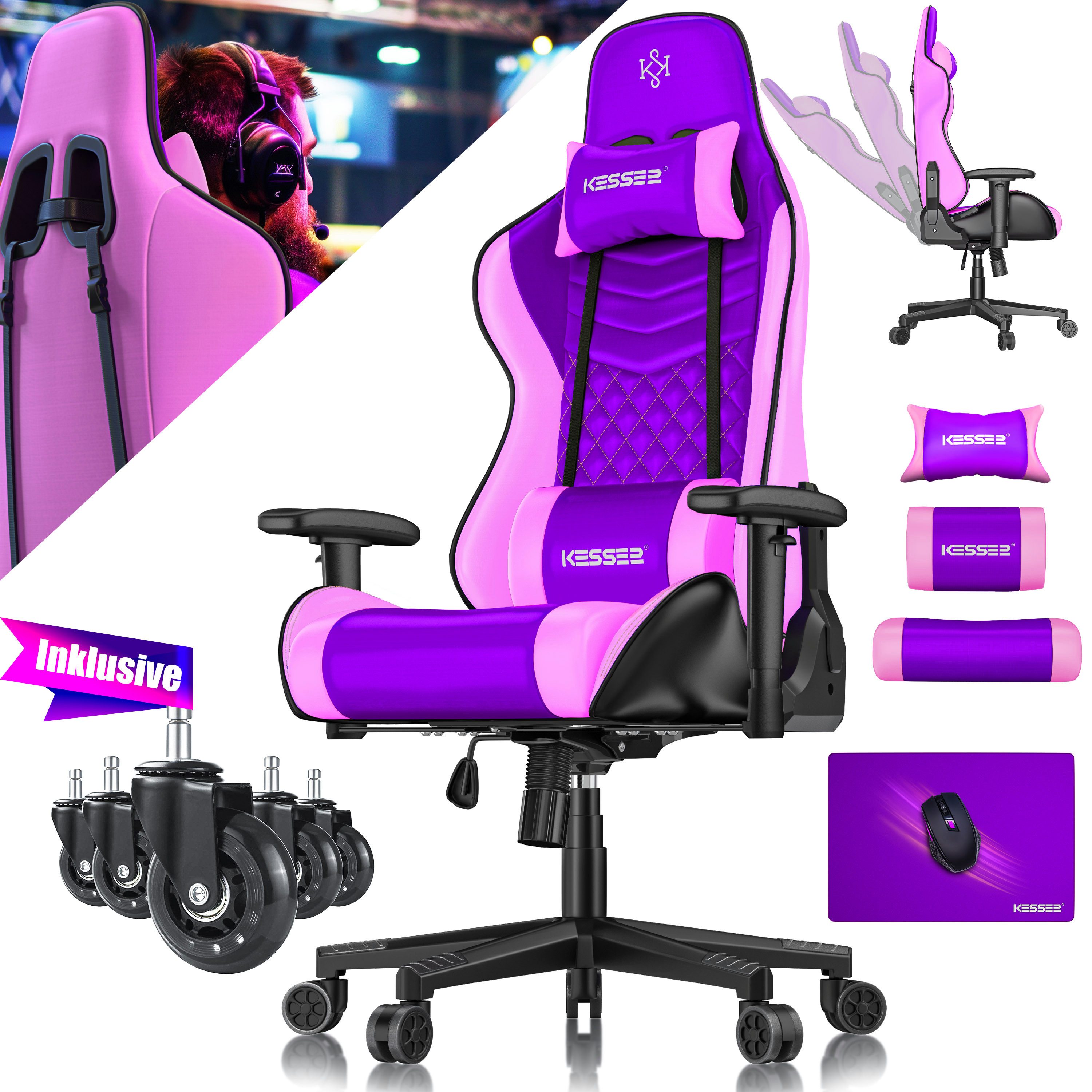 KESSER Gaming Chair, Ergonomisch Gamingstuhl 150kg belastbar Bürostuhl Lenden- & Kopfkissen