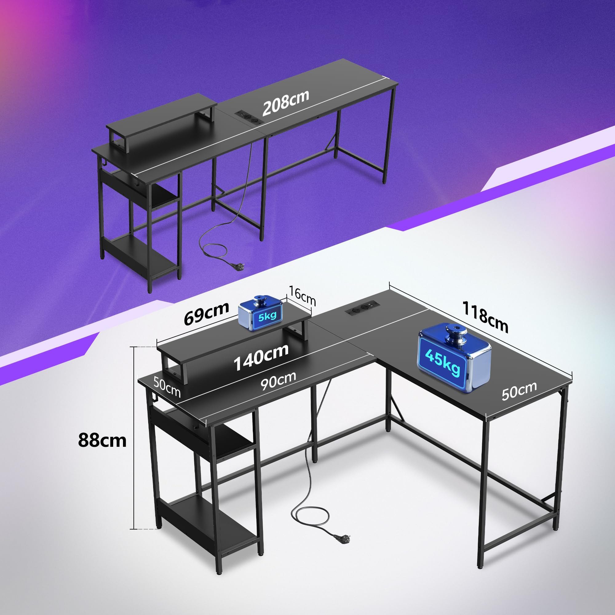 DEVAISE Computertisch Gamingtisch 111/120/140 x 80 cm Computertisch, L-förmiger Schreibtisch (Packung, Tablett mit Ständer), Computertisch mit LED, 2 USB und 2 AC-Steckdosen, für Büro