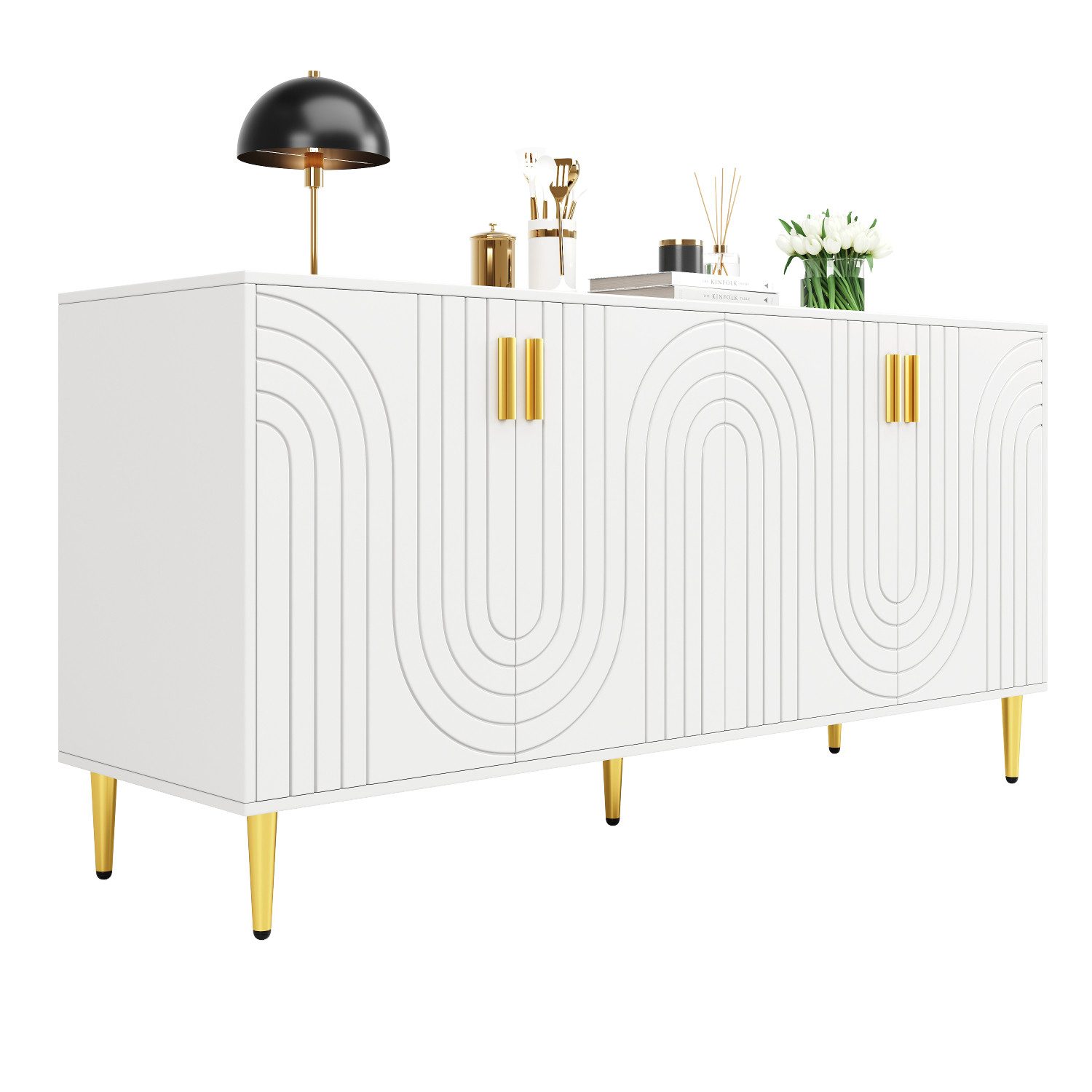 Flieks Sideboard Buffetschrank mit Einzigartigem Wellendesign und goldenen Griffen (152x40x75 cm, 1 St), Kommodechrank mit 4 Türen Wohnzimmer hochglanz Anrichte Weiß