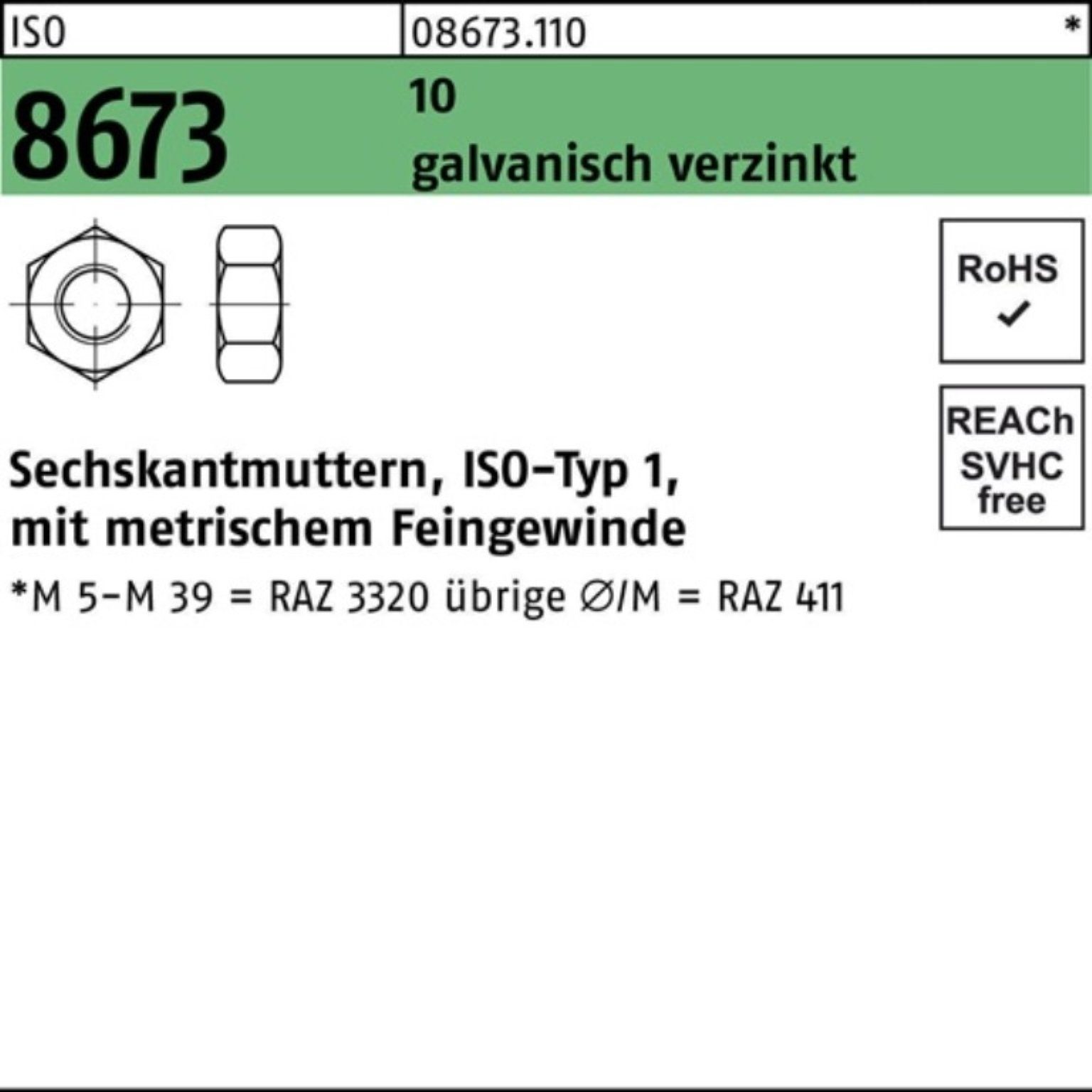 Reyher Muttern 100er Pack Sechskantmutter ISO 8673 M14x 1,5 10 galv.verz. 100 Stück