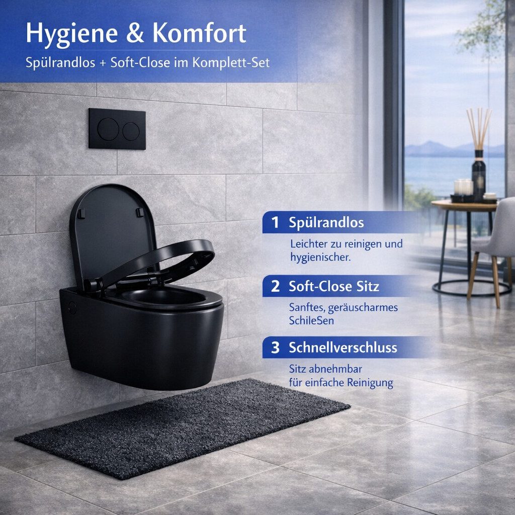 welltime Tiefspül-WC Vigo, wandhängend, Abgang waagerecht, spülrandlose Toilette aus Sanitärkeramik, inkl. WC-Sitz mit Softclose