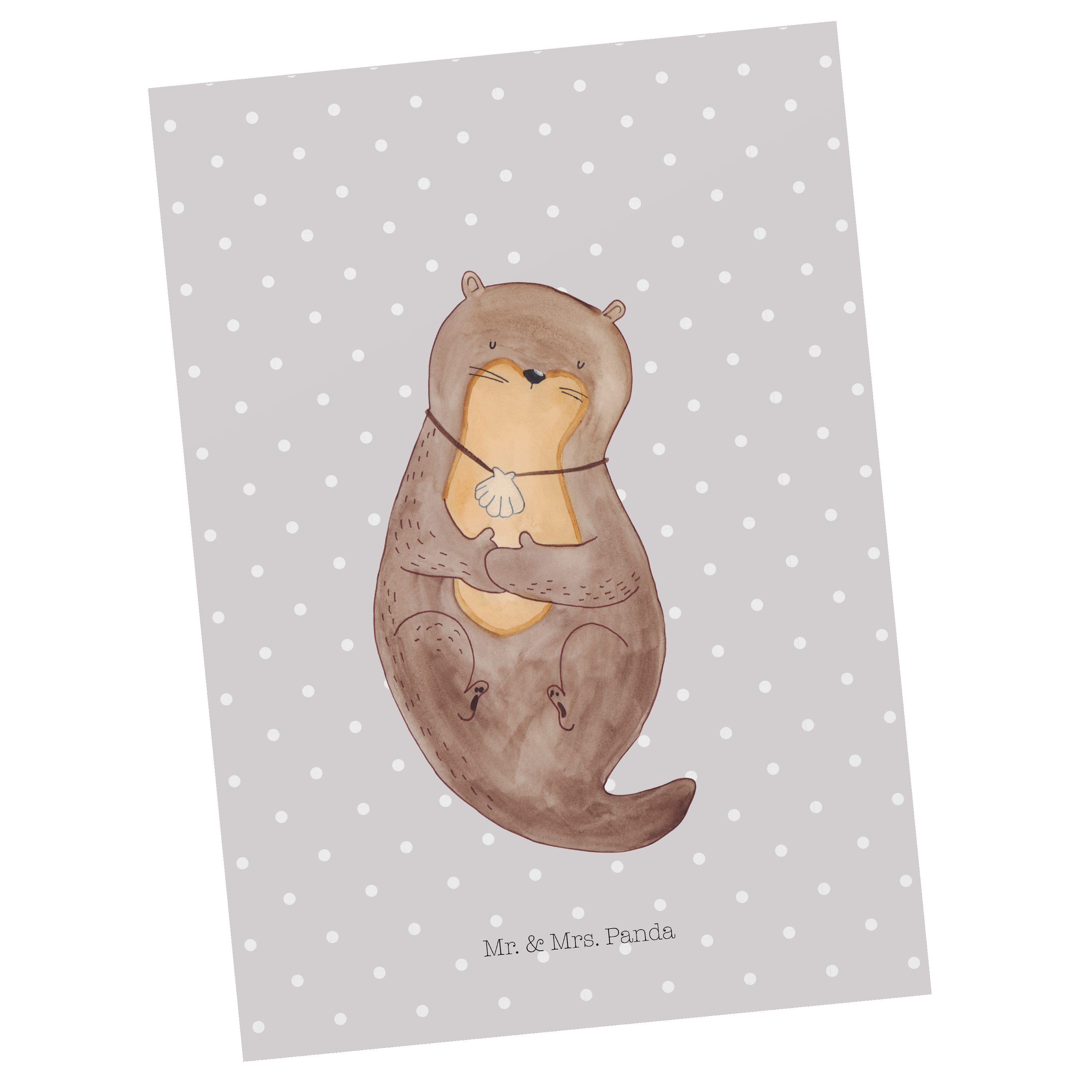 Mr. & Mrs. Panda Postkarte Otter mit Muschelmedaillon - Grau Pastell - Geschenk, Otterliebe, Mot