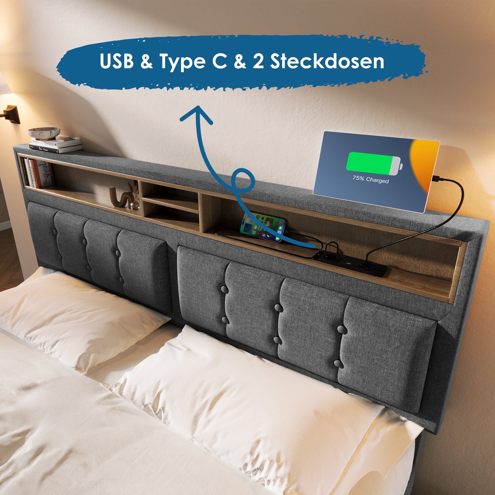 Polsterbett (Doppelbett mit Lattenrost und 4 Schubladen), Stauraumbett 160x200cm mit USB Typ C Ladefunktion Kopfteil, Leinen