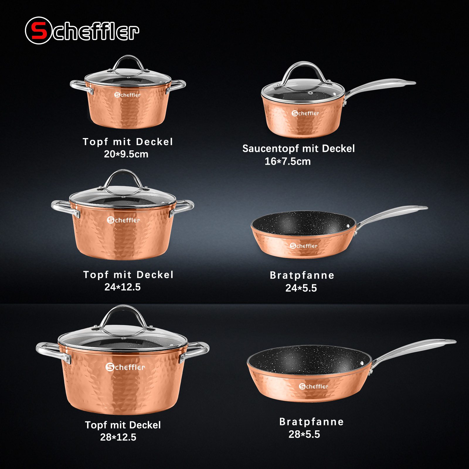 Scheffler Topf-Set 15 tlg Topfset Induktion, Antihaftbeschichtung Töpfe mit Glasdeckel, Aluminium (Set, 24/28 cm Pfannen + 20/24/28 cm Kochtöpfe + 16cm Kasserolle), Induktion