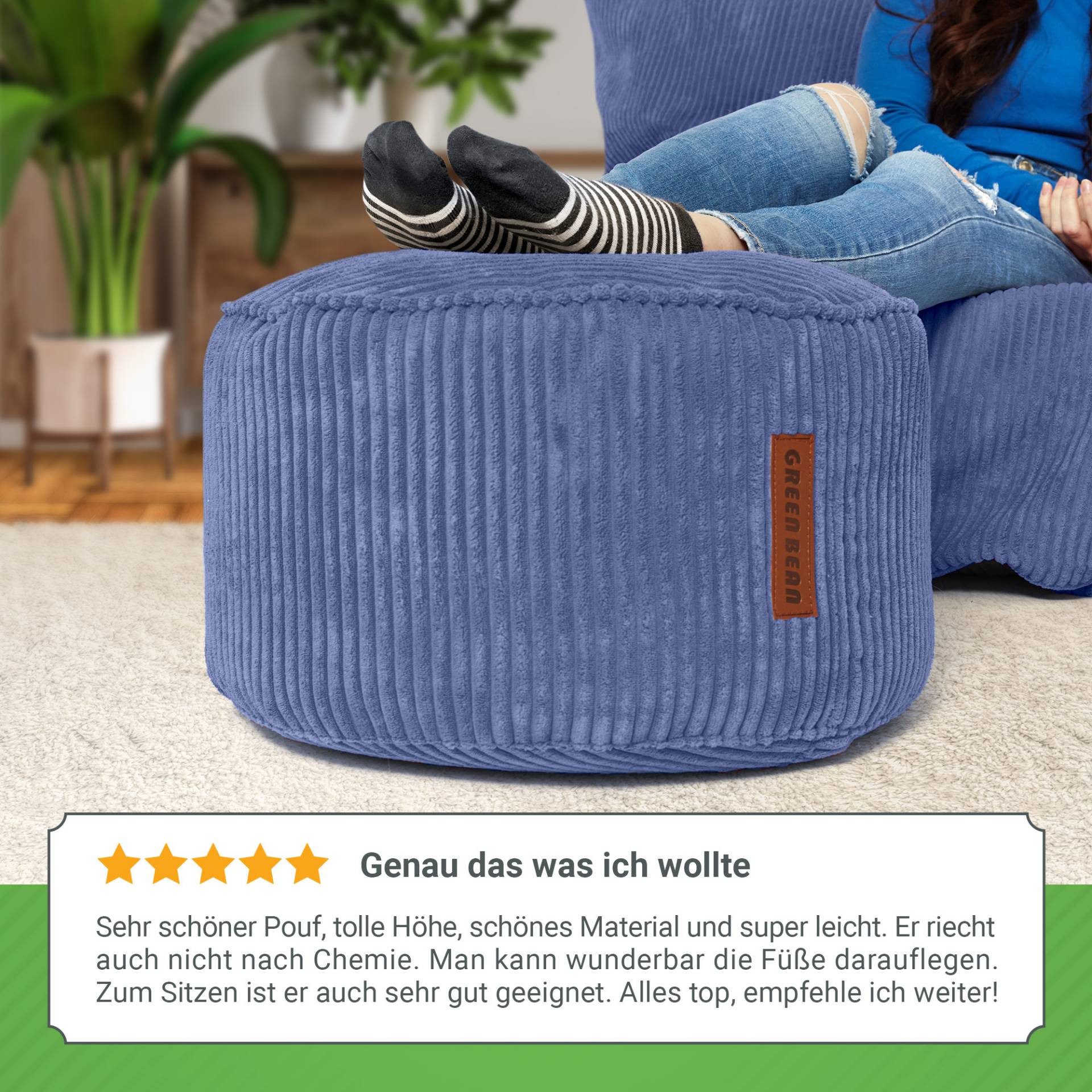 Green Bean Pouf Sitzsack-Hocker Pouf Cord 45x25cm (Indoor Sitzhocker Sitzkissen Fußhocker Relax-Sessel, Made in Germany), die ideale Ergänzung zum Sitzsack