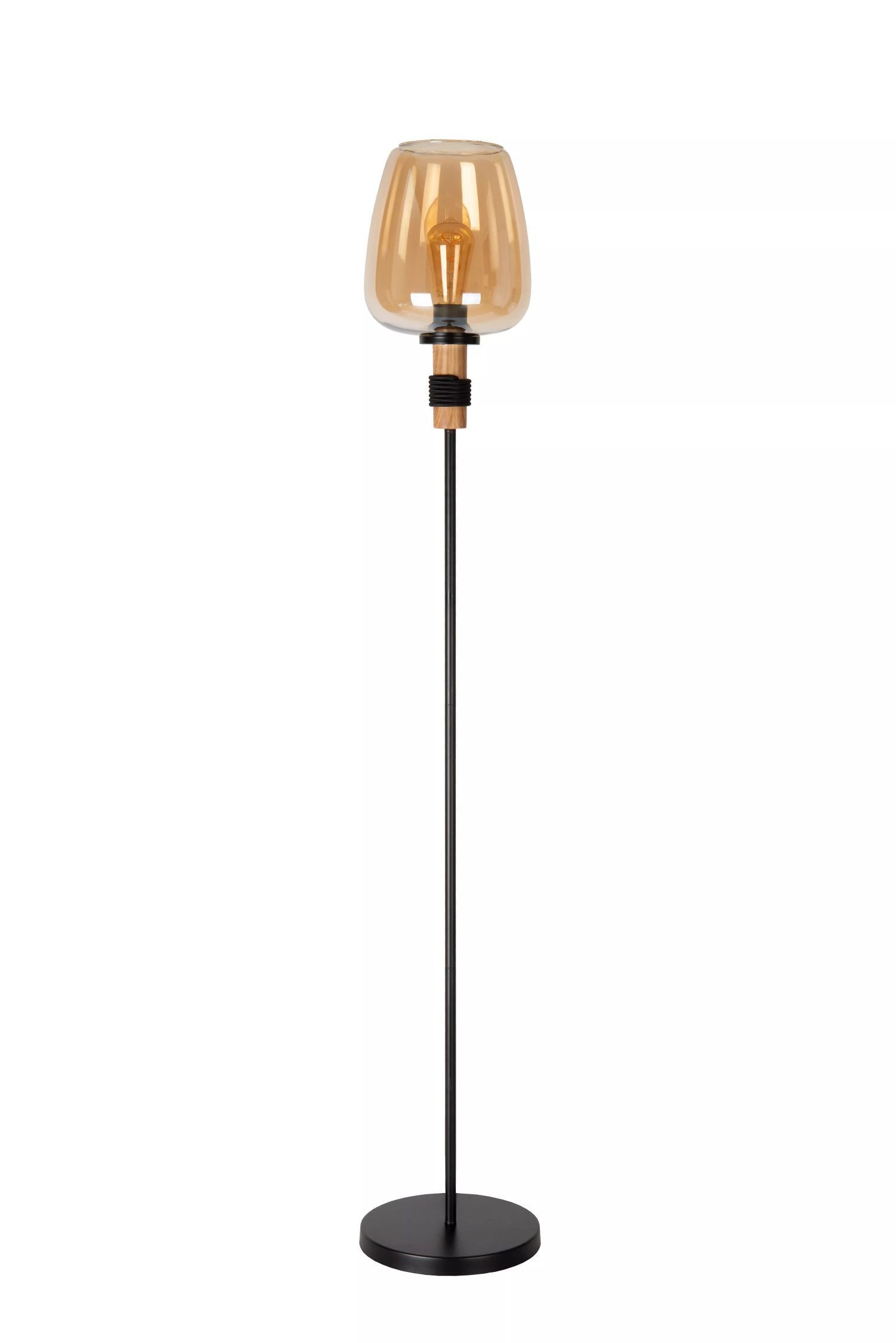 Licht-Erlebnisse Stehlampe YILUM, ohne Leuchtmittel, Metall Rauchglas E27 150 cm hoch Schwarz Bernstein rund Retro Design