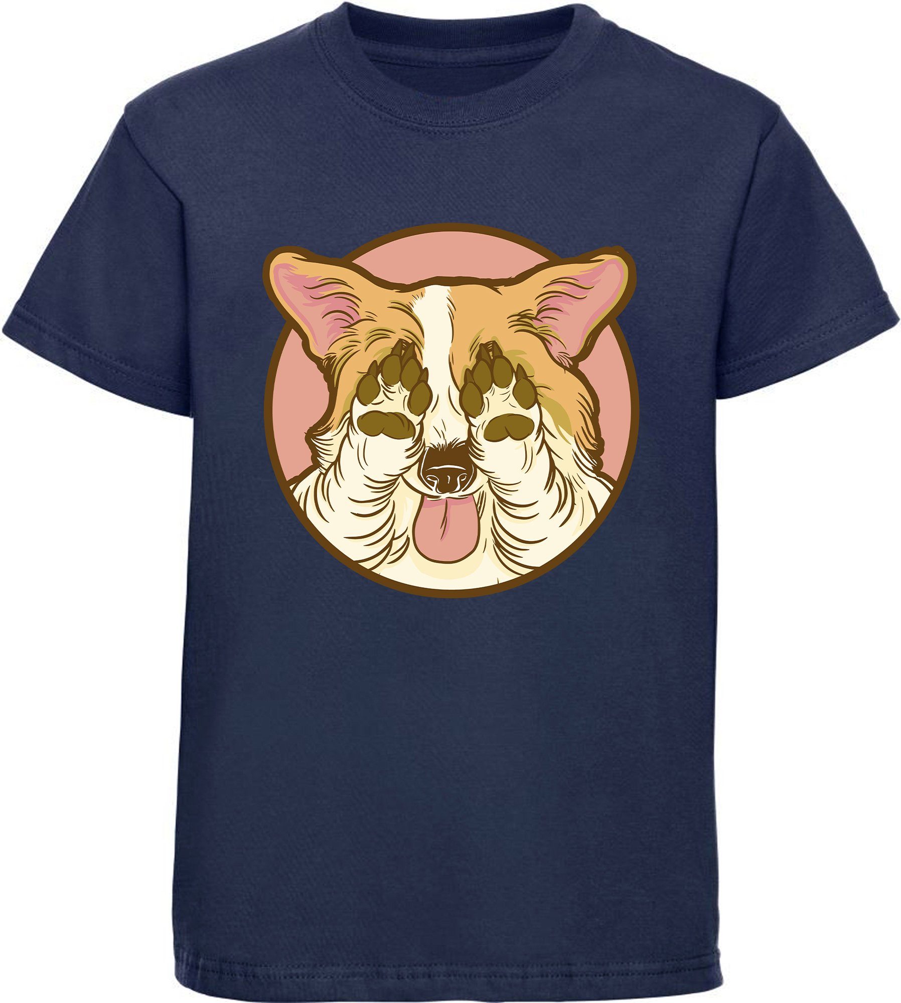 seine blau MyDesign24 Kinder mit bedrucktes T-Shirt navy der Print-Shirt Hunde zu i226 hält Baumwollshirt - Augen Aufdruck, Corgi