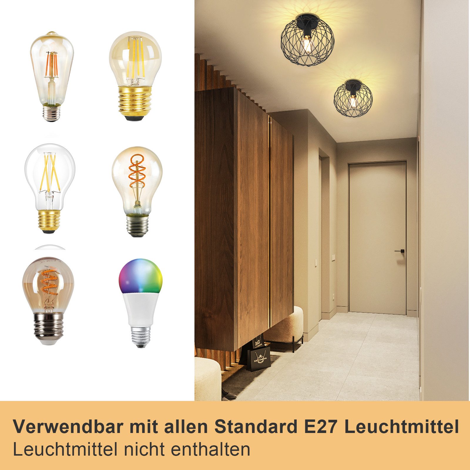 Nettlife Deckenleuchte Vintage Schwarz Kaefig Gitter E27 Metall Deckenstrahler Esszimmerlampe, LED wechselbar, 25CM Industrial Retro Lampen für Wohnzimmer Küche Schlafzimmer