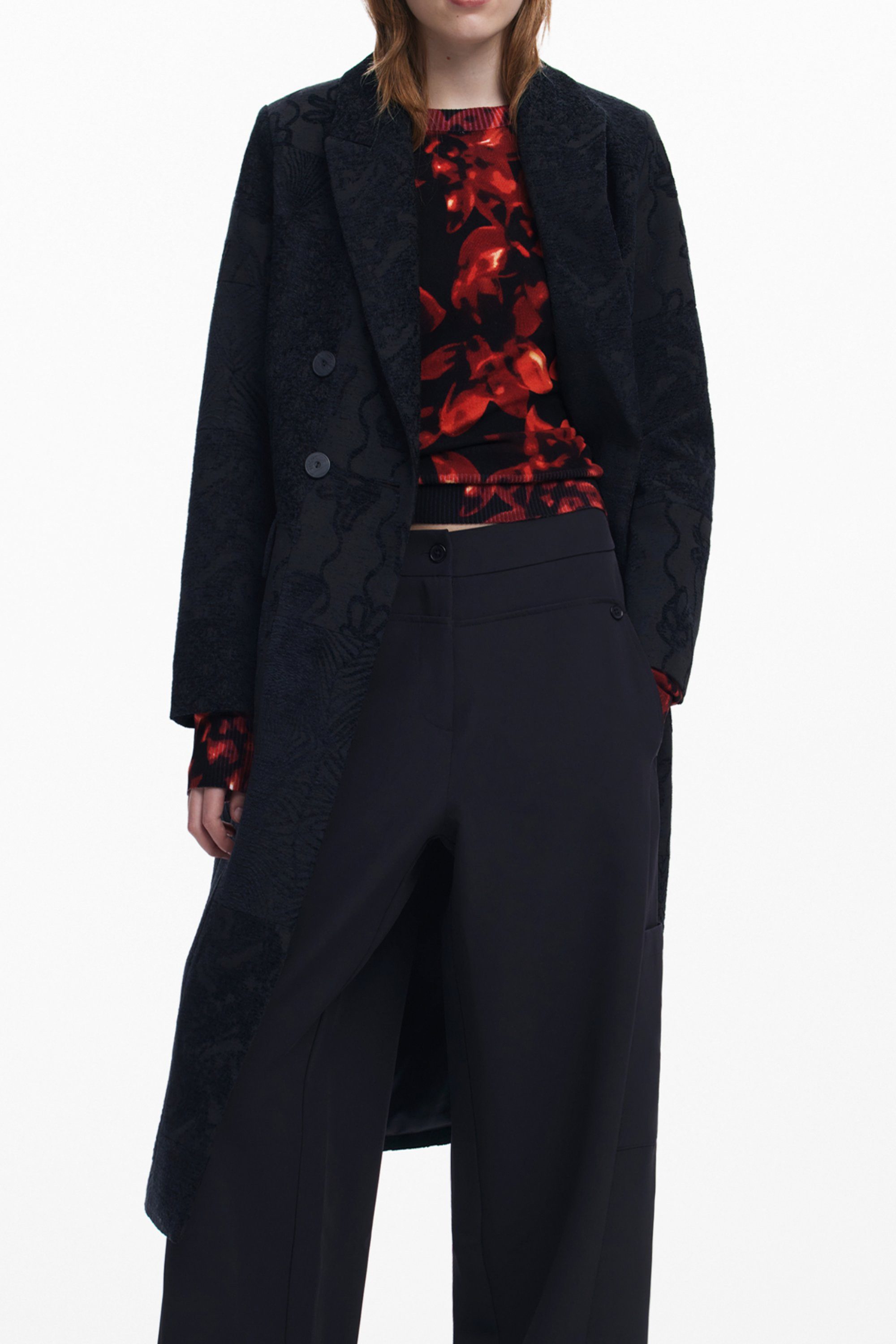Desigual Outdoorjacke Eleganter Damenmantel Schwarz – Lang, Mit Taschen & Kontrastdetails