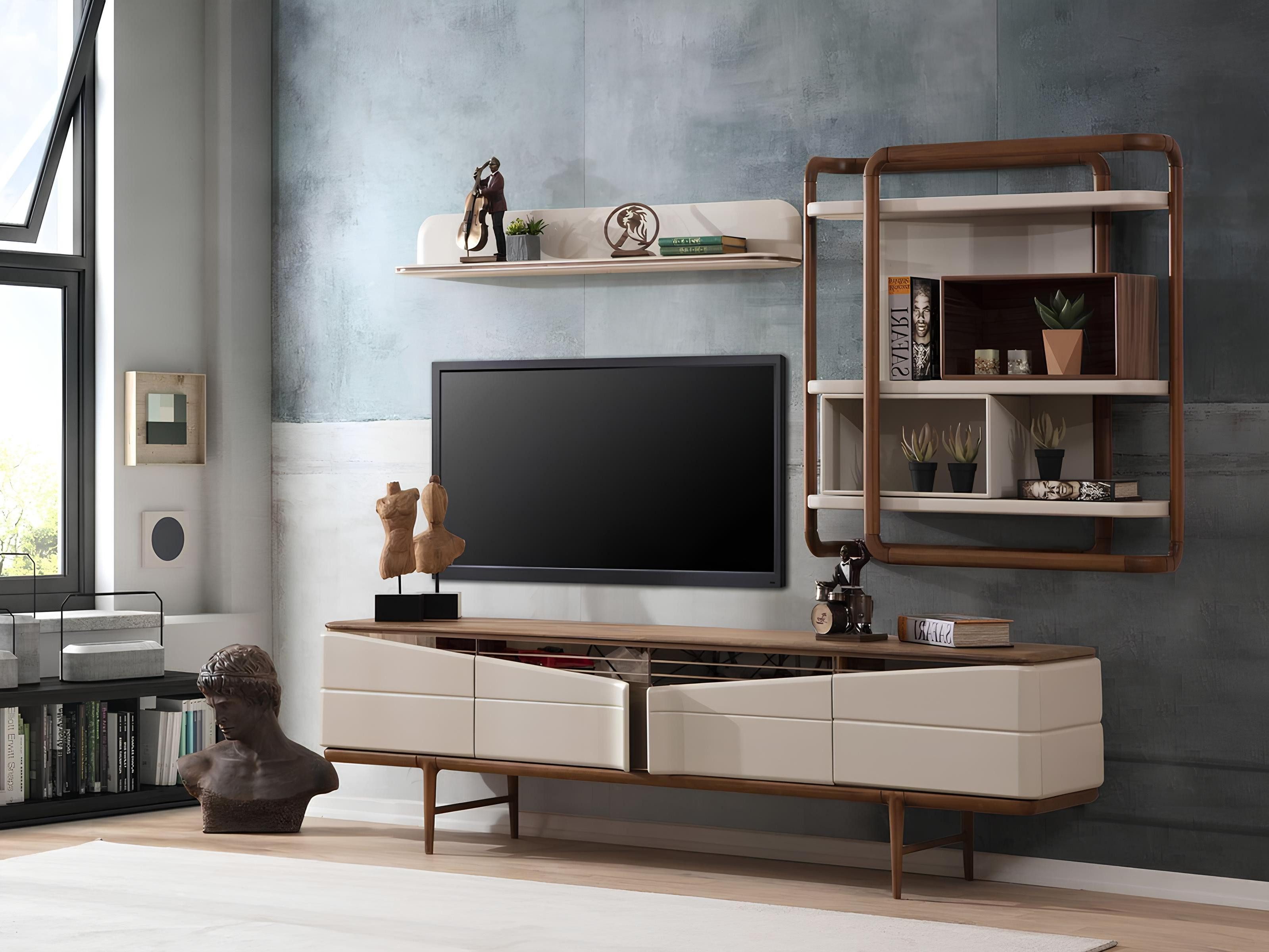 TV-Board Wohnzimmer-Set in Beige mit RTV-Lowboard und 2 Regalen aus Holz