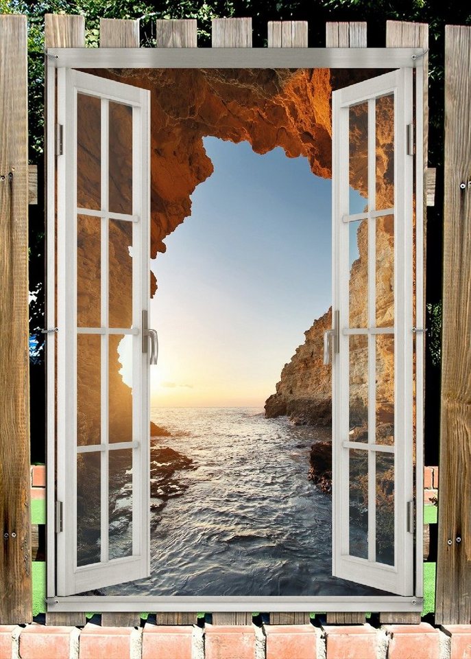 Thumbnail - Wallario Sichtschutzzaunmatten Höhlen am Meer, mit Fenster-Illusion