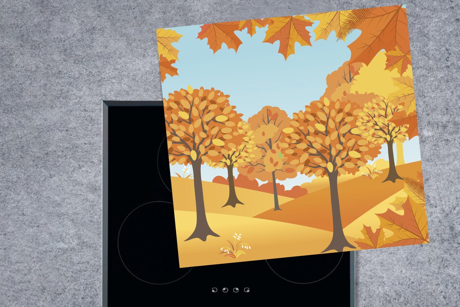 tlg), Arbeitsplatte Vinyl, küche Illustration Herbstbäumen, Herdblende-/Abdeckplatte für Eine Ceranfeldabdeckung, (1 cm, von MuchoWow 78x78