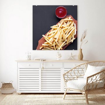 Primedeco Glasbild Wandbild Quadratisch Pommes und Ketchup mit Aufhängung, Speisen