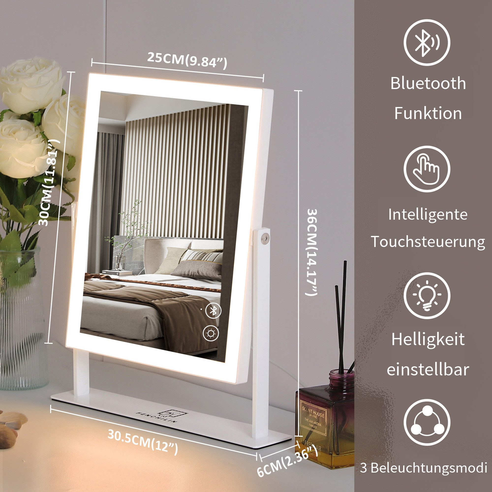 FENCHILIN Schminkspiegel mit LED Lichtleiste und Bluetooth Weiß 25/30 cm günstig online kaufen