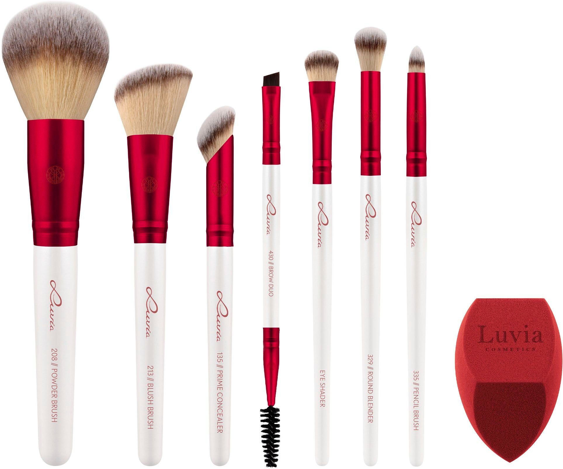 Luvia Cosmetics Kosmetikpinsel-Set PRIME VEGAN MEMORIES, 8 tlg., Mit veganen Pinseln, Make-up-Schwamm und einem Reinigungspad.