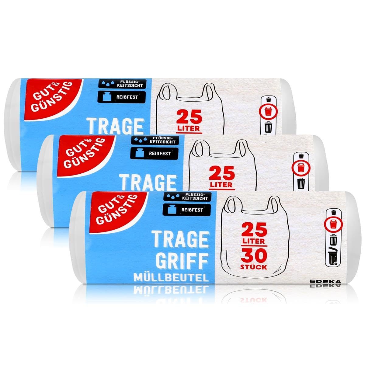 Gut & Günstig Müllbeutel Müllbeutel mit Tragegriff 25L, 90 Stück, reißfest, flüssigkeitsdicht, 3er Pack, 3 x 30 Stück