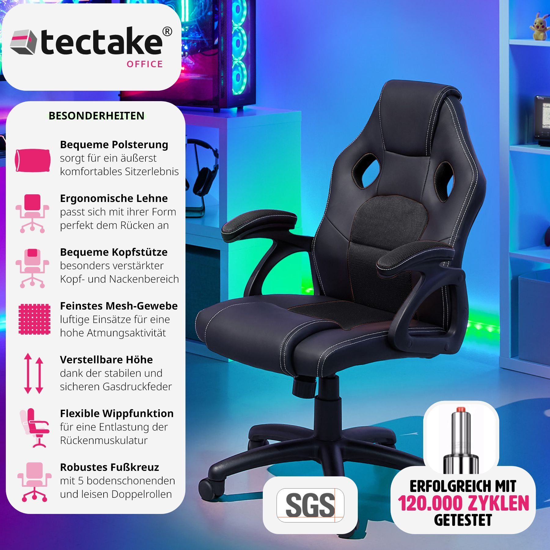 tectake Gaming-Stuhl (1er, Wippmechanik 1 St), schwarz Mike einstellbare