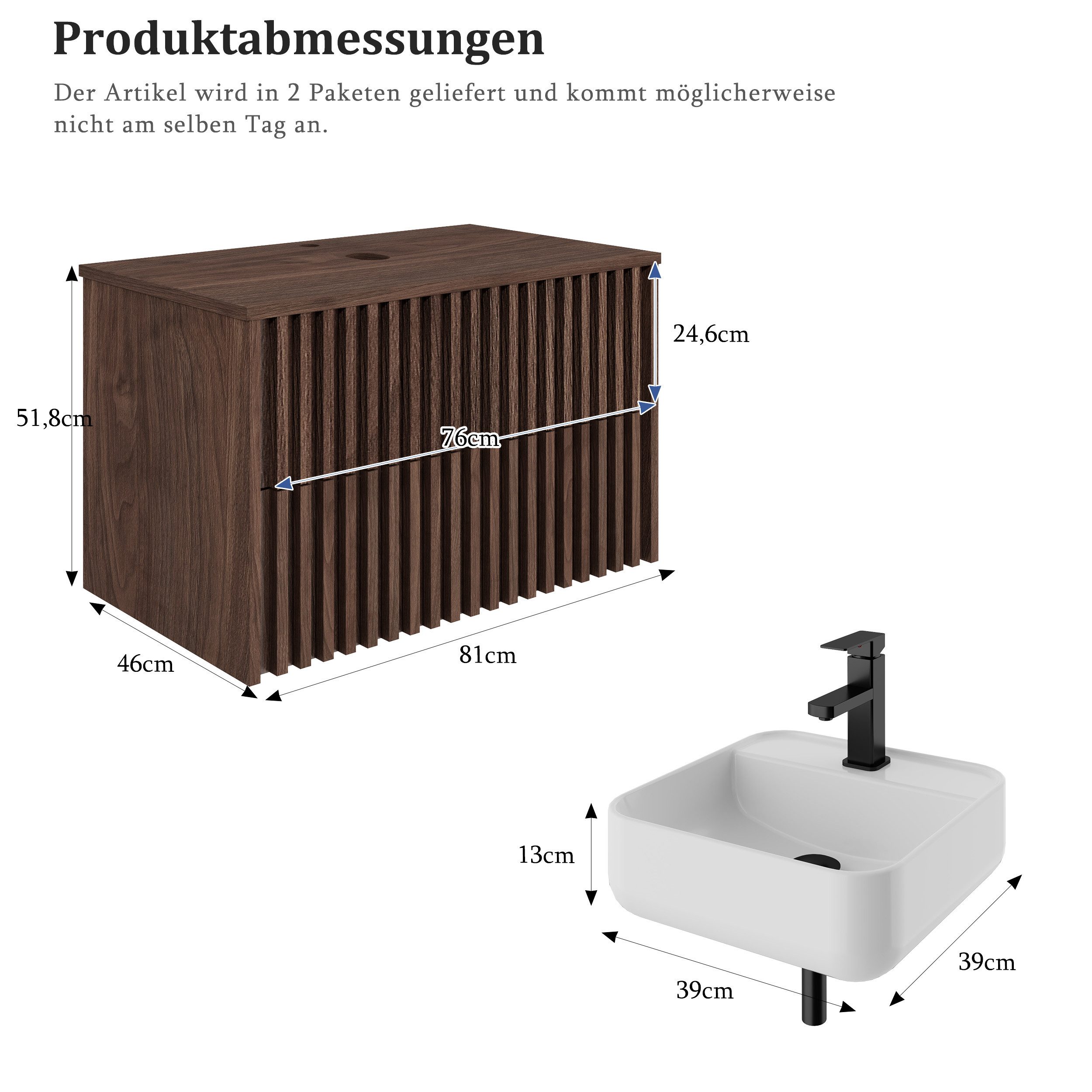 UEV Waschtisch mit Unterschrank hängend Rechteckiges Keramikwaschbecken (Komplett-Set Badmöbel, Badezimmmer Schrank, mit Wasserhahn und Pop-up-Ablassventil Aufs – Bild 4 von 5