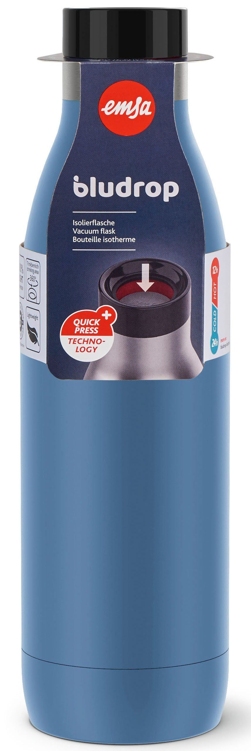 360° Isolierflasche h Verschluss, Trinkgenuss, 12 24 kühl, Emsa Blau Bludrop, L h Quick-Press warm, 0,7