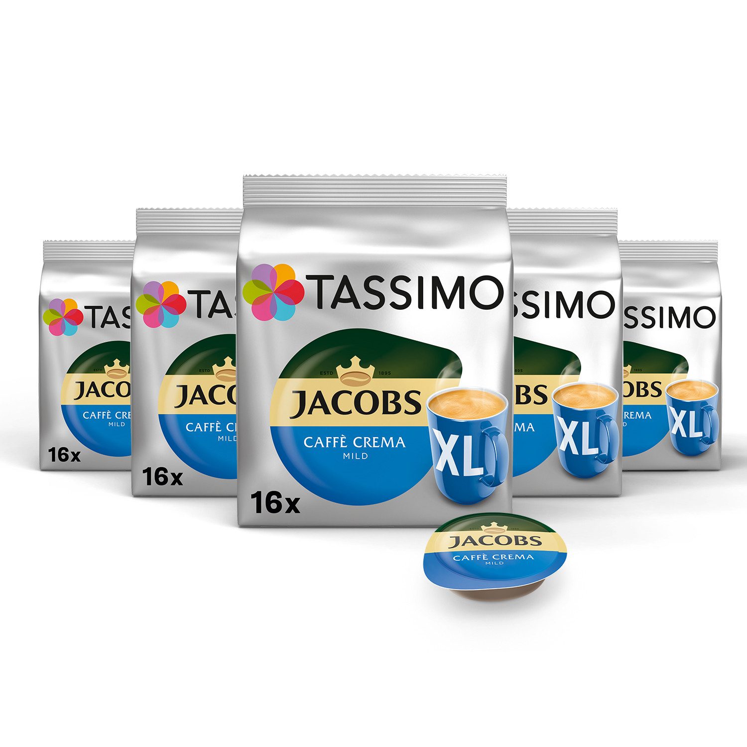 TASSIMO Kaffee Kapseln Jacobs Caffè Crema Mild XL T Discs 5 x 16 = 80 Getränke, (Packung, 5er Pack)