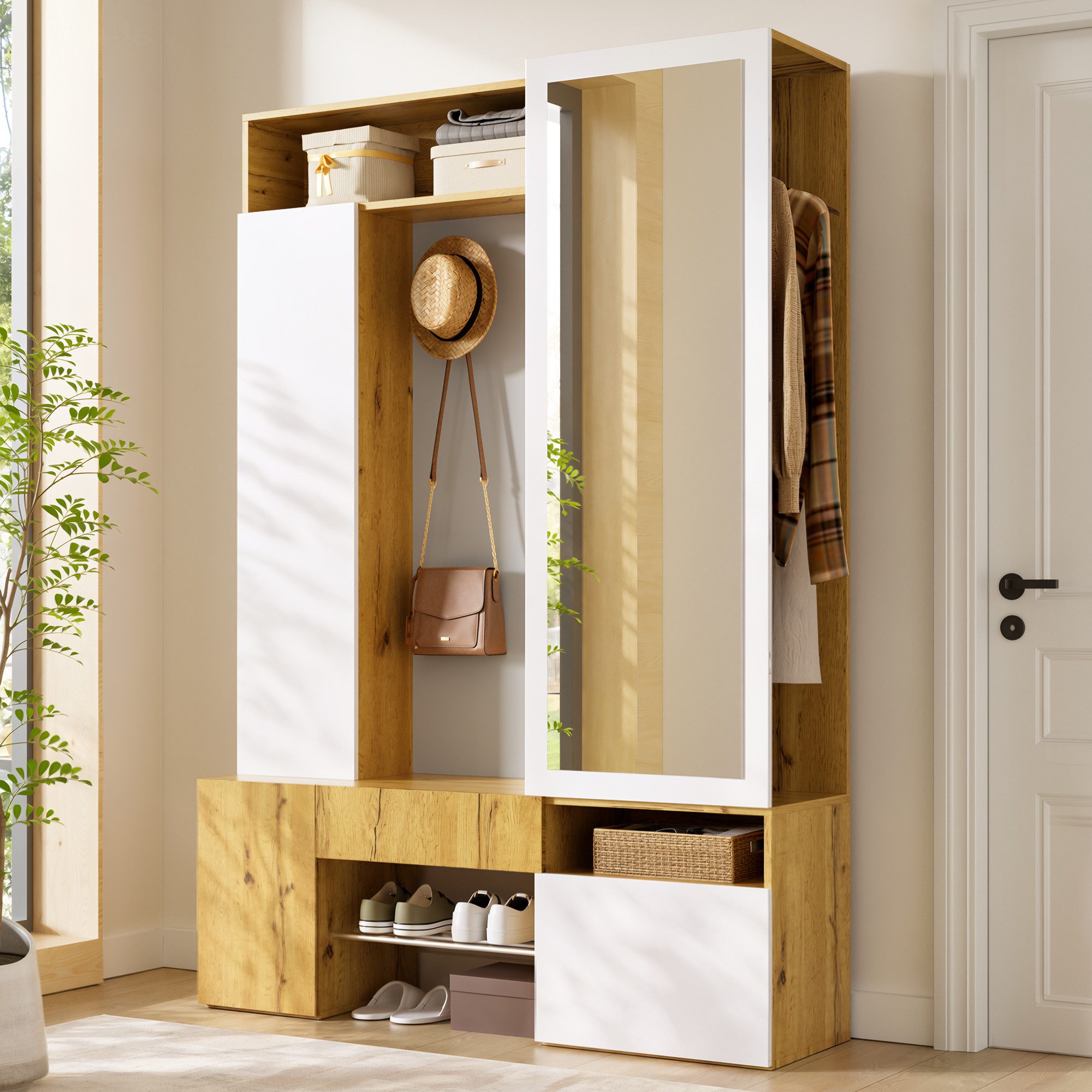 HAUSS SPOLE Garderoben-Set mit Schuhschrank,Spiegel und Kleiderstange,Kleiderschrank,Natur+Weiß, (Mehrzweck-Garderobe Flurgarderobe mit Garderobenhaken), 127x35x180,5cm Eingangsgarderobe