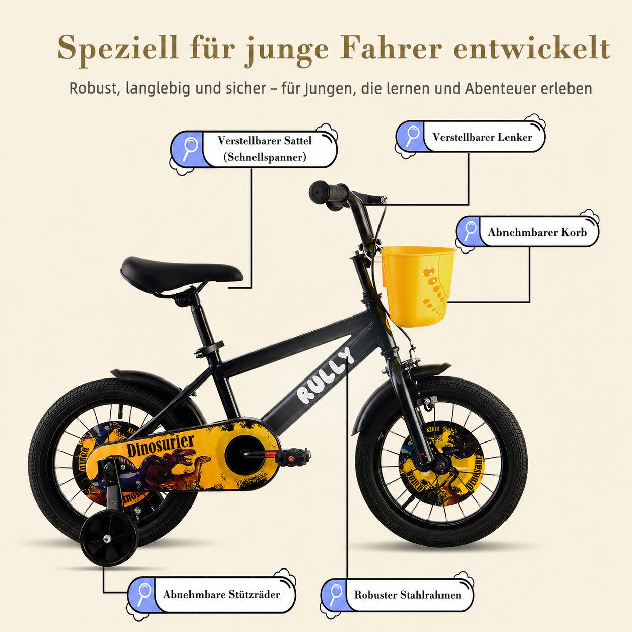 RULLY Kinderfahrrad Kinderfahrrad für Jungen 12–16 Zoll, 2–6 Jahre, 1 Gang, Mit Korb, Puppensitz, Stützrädern, Schutzblechen & Klingel