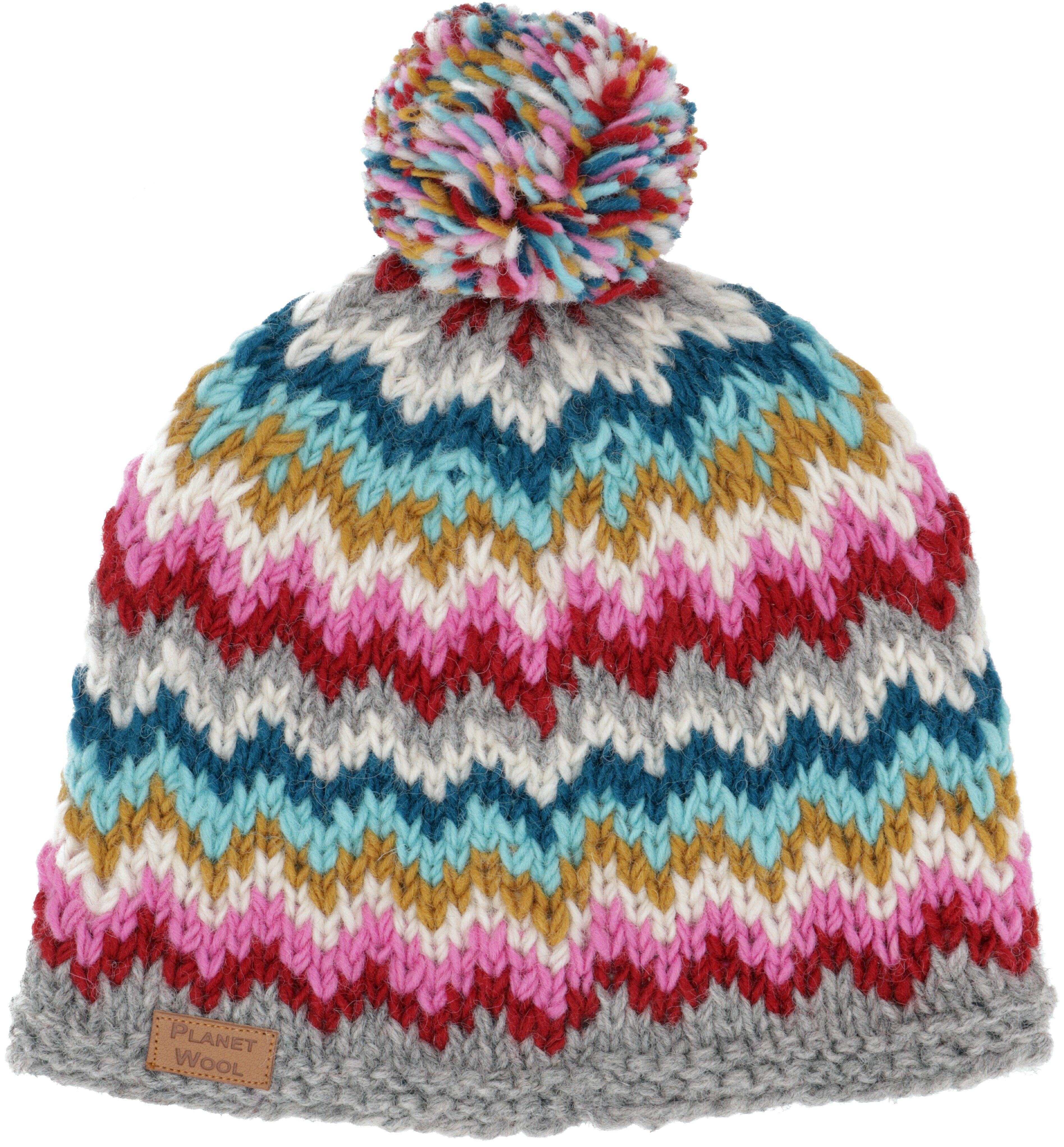 Guru-Shop Strickmütze Nepal, aus aus grau/pink Bommelmütze Schurwolle,.. Mütze