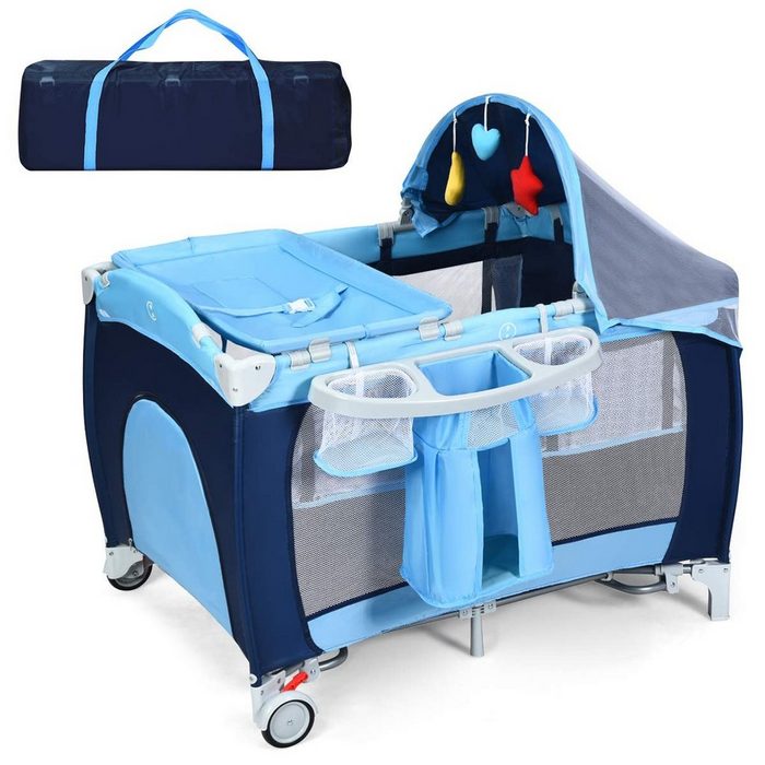 COSTWAY Baby-Reisebett 4 in 1 Kinderbett klappbar mit Matratze & 2 Rollen