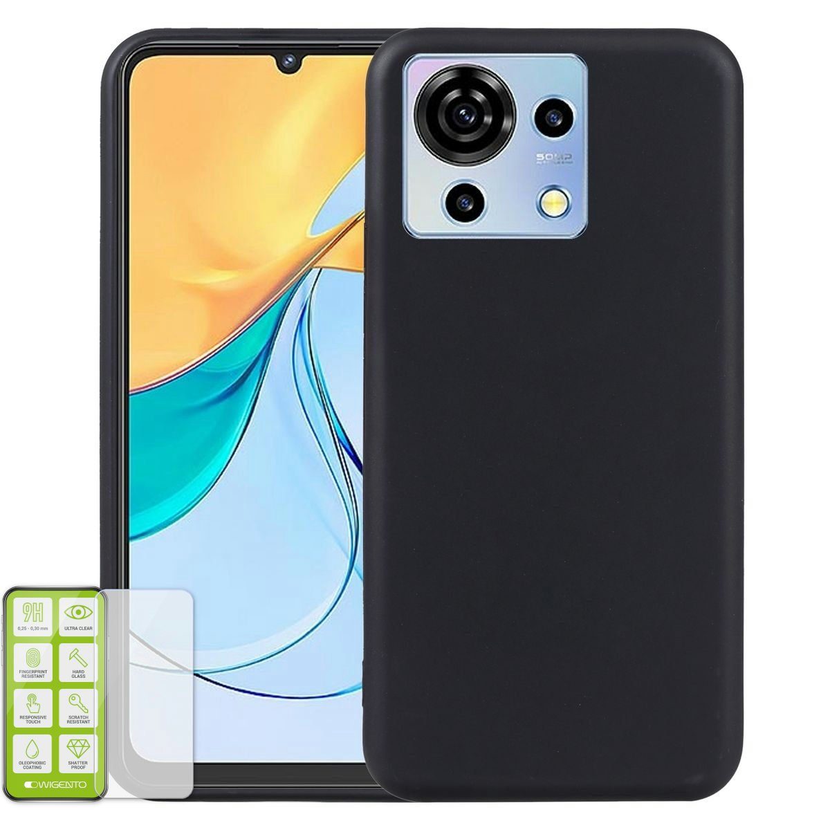 Wigento Handyhülle Für ZTE Blade V50 Vita TPU Hülle Case Schwarz + 0,26 H9 Glas Schutz