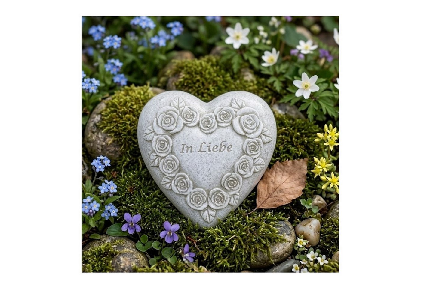 Radami Gartenfigur Grabherz Gedenkstein mit Rosenherz "In Liebe" 8cm