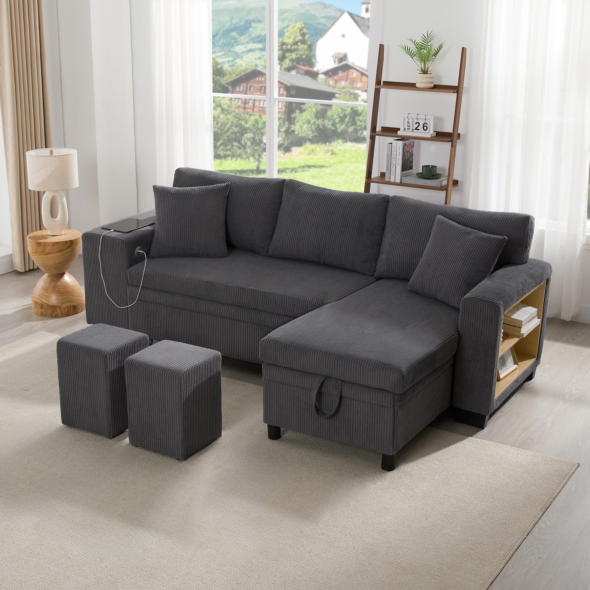 MODFU Ecksofa mit Schlaffunktion, Stauraum, Freizeitsofa, 3-Sitzer-Umbausofa mit Seitenablagen und Stauraum