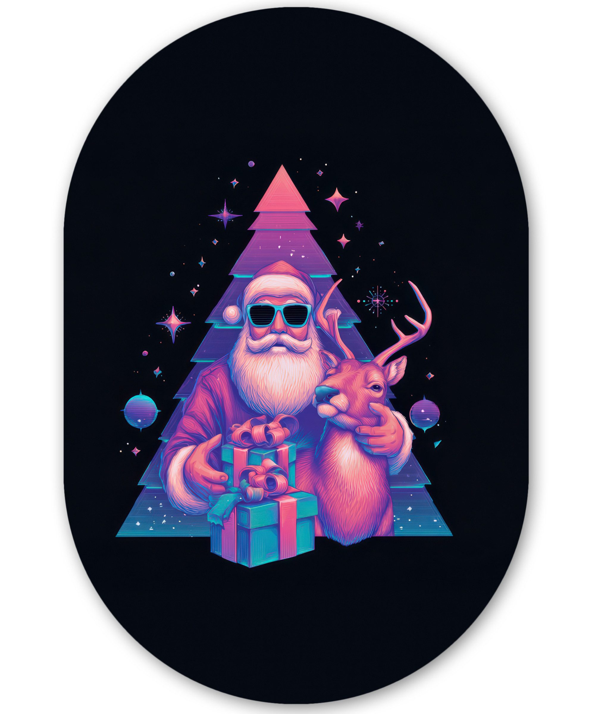 MuchoWow Gemälde Retro - Weihnachtsmann - Rentier - Weihnachtsbaum, Fotodruck (1 St), Wandbild Oval, Wohnzimmer oder Schlafzimmer Wanddekoration, 40x60 cm