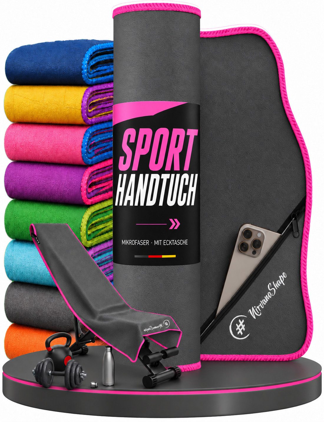NirvanaShape Sporthandtuch NirvanaShape Mikrofaser Fitnesshandtuch mit Ecktasche und Knöpfen, saugfähig, leicht, schnelltrocknend, für Reisen, Fitness, Yoga, Sauna