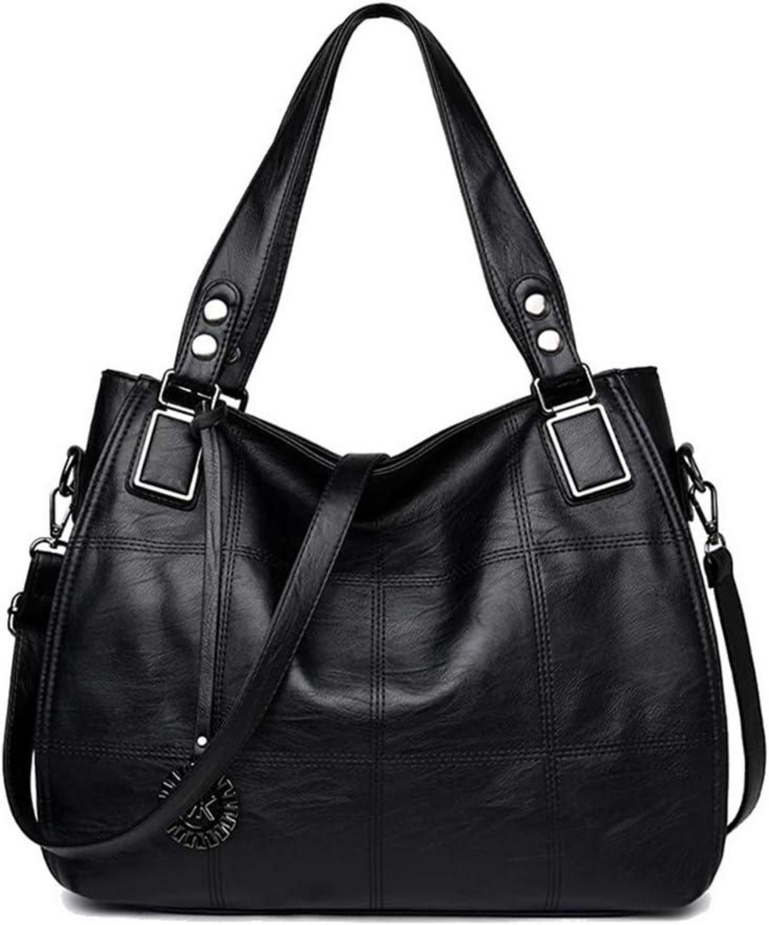 Schultertasche Damen Hobo Schultertasche Shopper PU-Leder Schwarz Handtasche