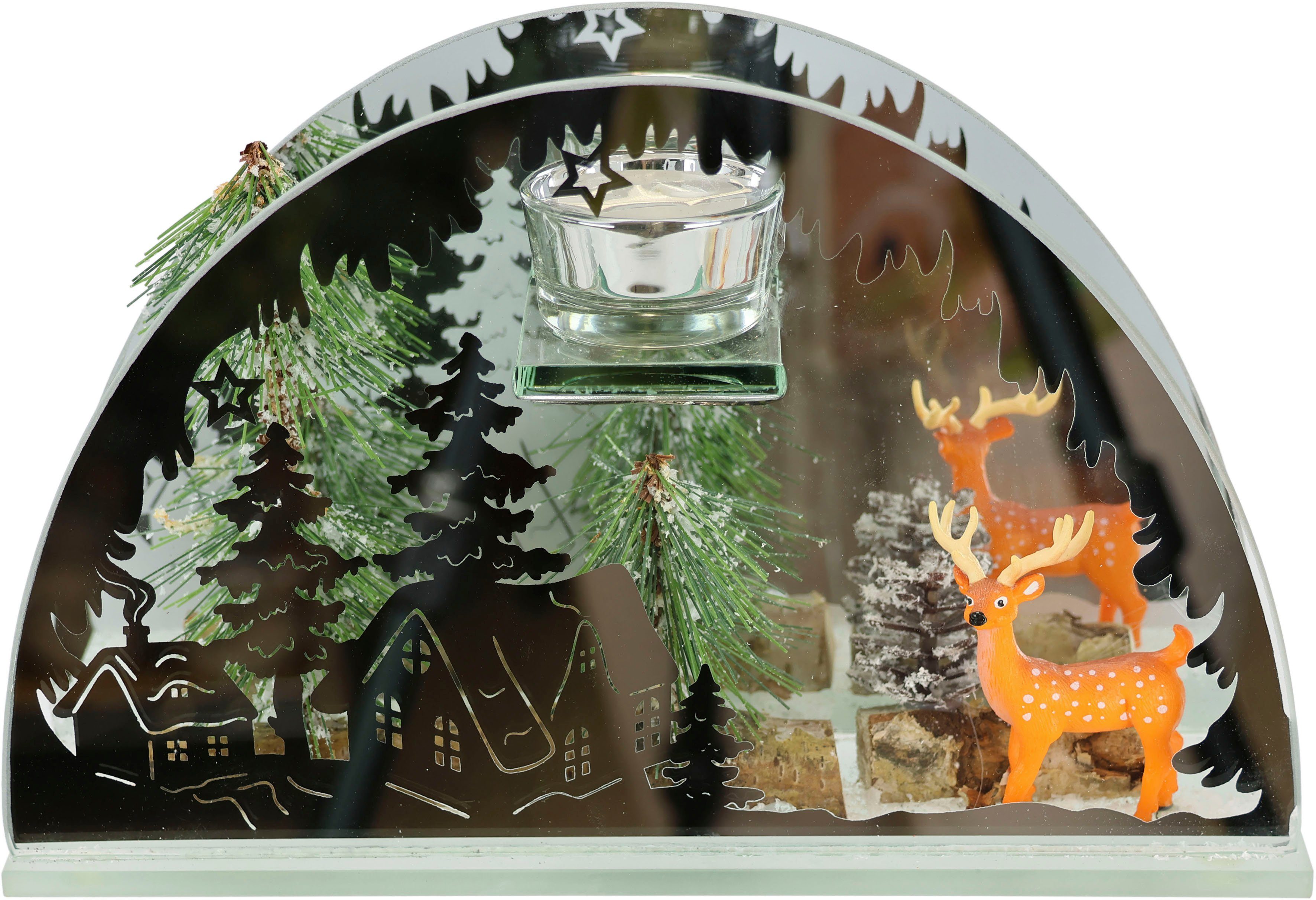 I.GE.A. Spiegelglas, 15 Hirsch-Deko (1 Kerzenhalter, aus in Weihnachtsdeko, cm Deko-Objekt Höhe ca. mit Teelichthalter Winterlandschaft, St),