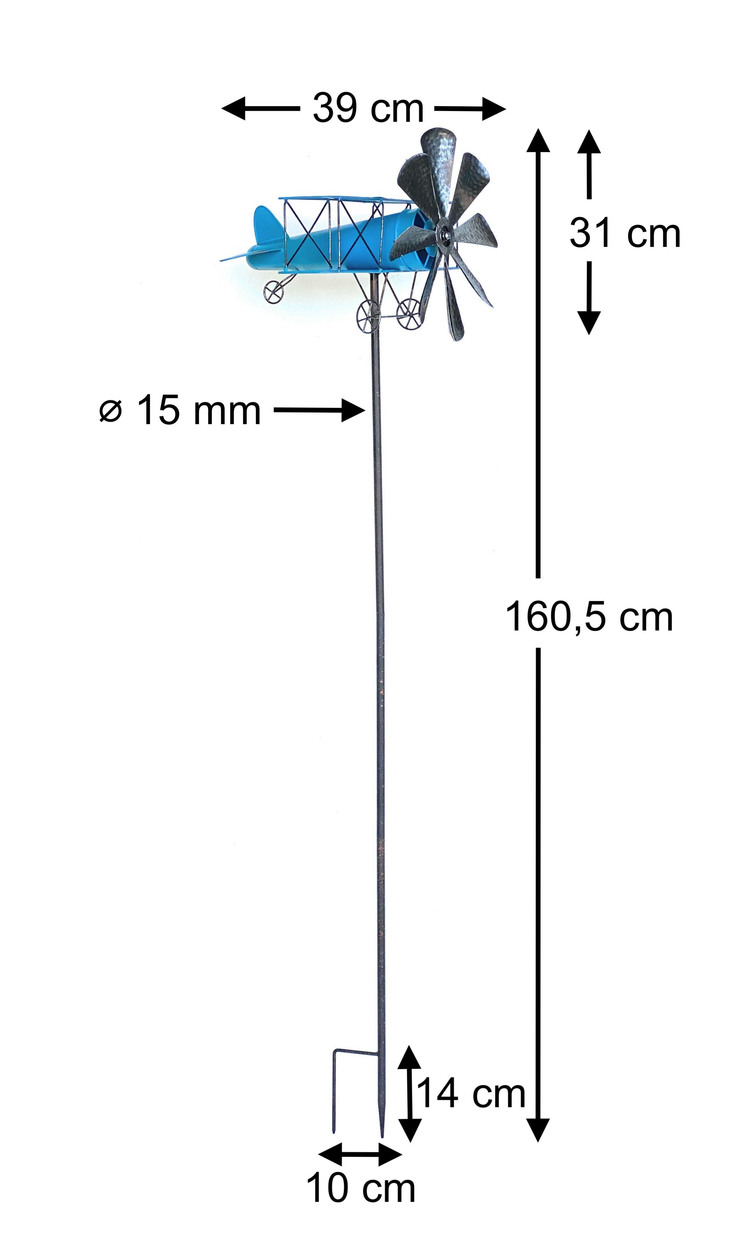 Gartenstab Gartenstecker Metall Gartendeko cm Wetterfest XL Doppeldecker Garten Windrad Gartenstecker Windspiel Bodenstecker Flugzeug Blau 160 96099 DanDiBo