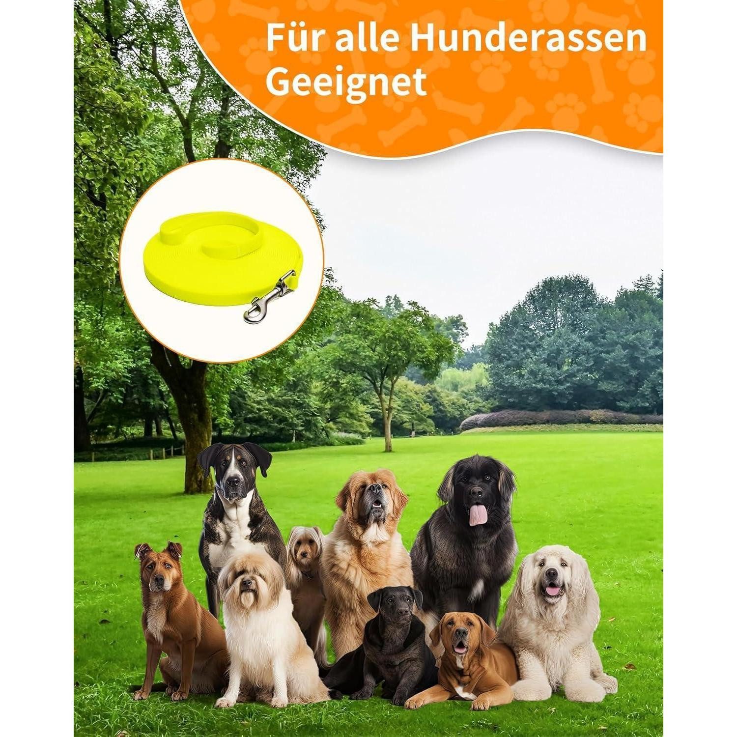 LuxusKollektion Tier-Halsband Schleppleine Hund Wasserdicht Reißfest Karabiner 15m 20m Neon Gelb