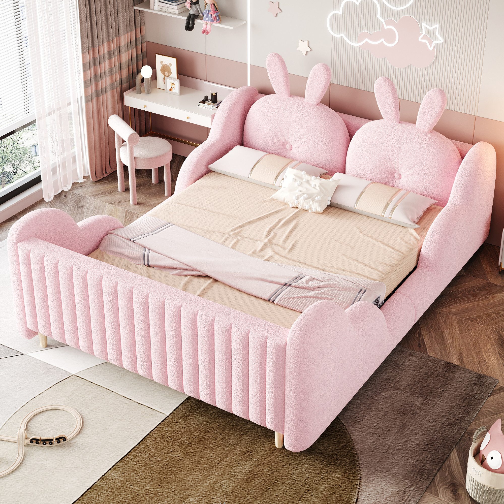 REDOM Kinderbett Polsterbett mit Teddy-Samtbezug, Hasenkissen Kopfteil, Funktionsbett (Wolken-Seitenleisten & abgerundeten Kanten), Plattformbett mit Lattenrost 140x200 cm, Inklusive Matratze