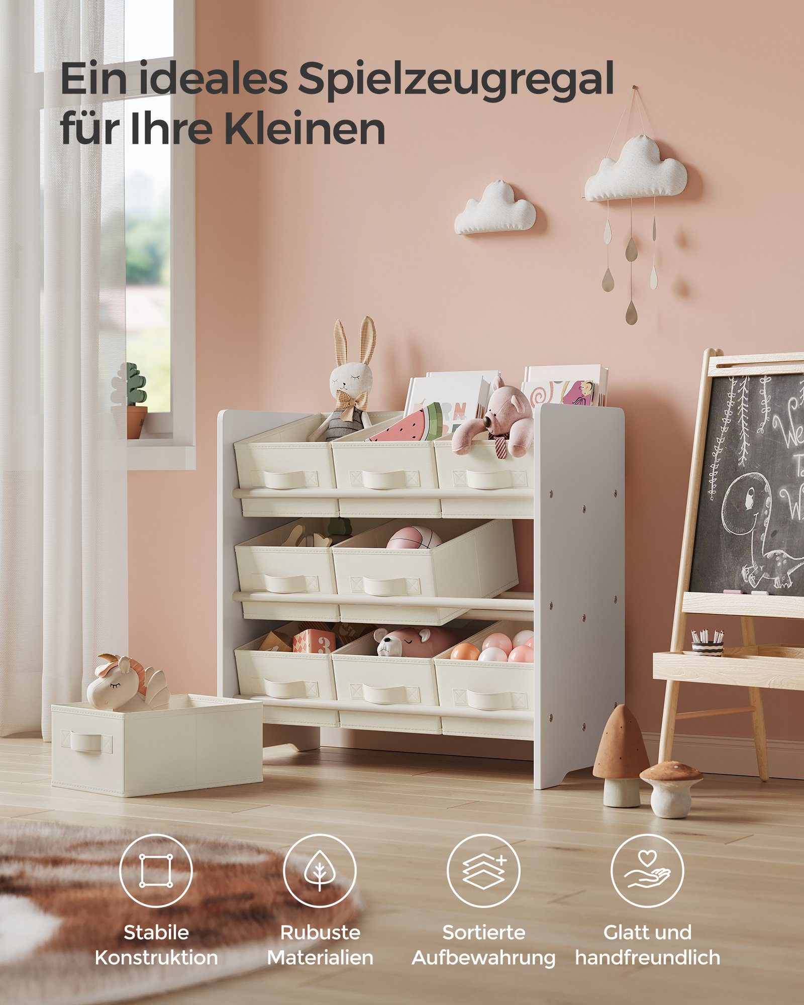SONGMICS Spielzeugtruhe Kinderregal Bücherregal Kinder, mit 9 Aufbewahrungsboxen aus Vliesstoff, Kinderzimmer Regal